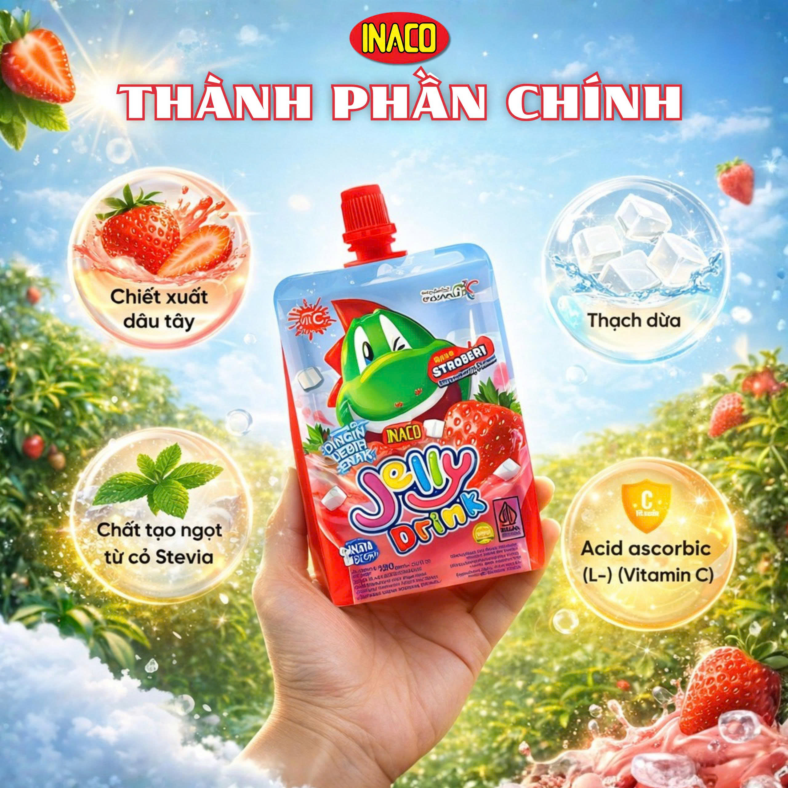1 Gói (5 túi x 120g) INACO Jelly Drink Strawberry – Nước thạch Quả dâu tây