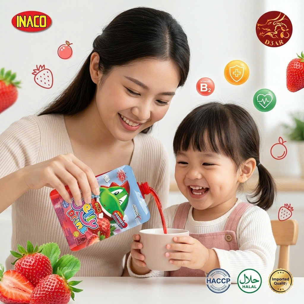 1 Gói (5 túi x 120g) INACO Jelly Drink Strawberry – Nước thạch Quả dâu tây
