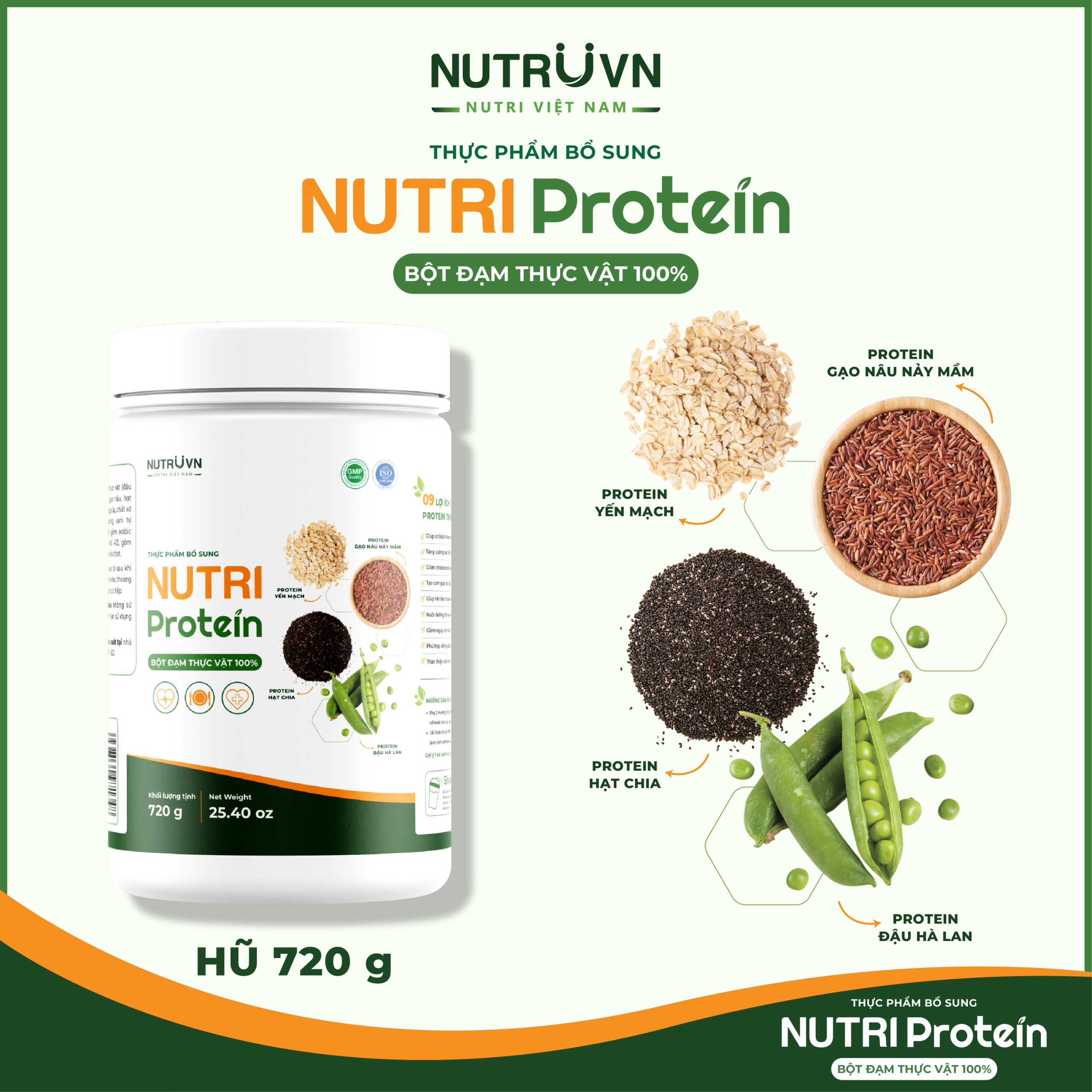 Bột đạm thực vật Nutri Protein hỗ trợ cơ bắp, tăng sức đề kháng, tim mạch (Hũ 720g)