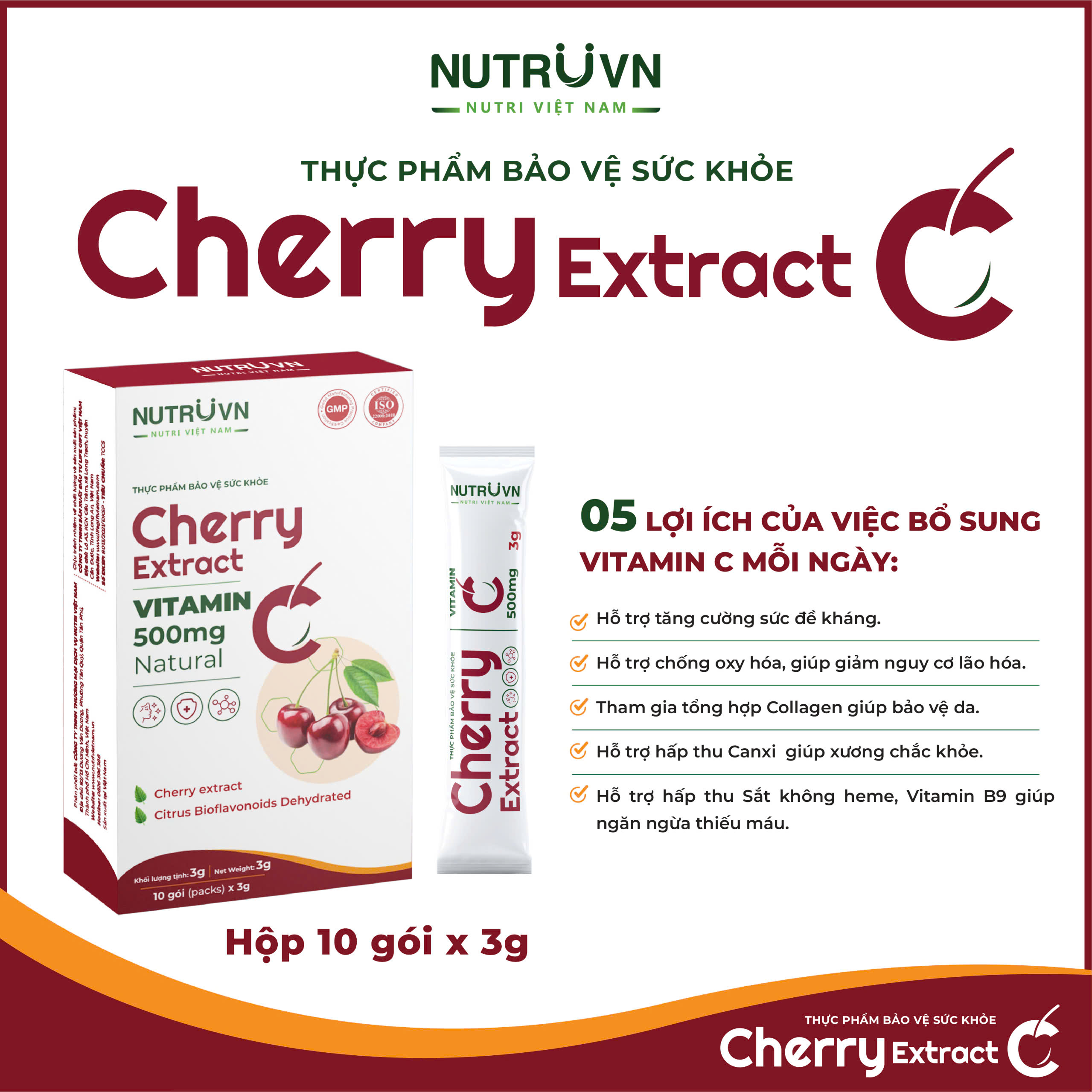 Cherry Extract bổ sung vitamin C tăng cường miễn dịch (10 gói)