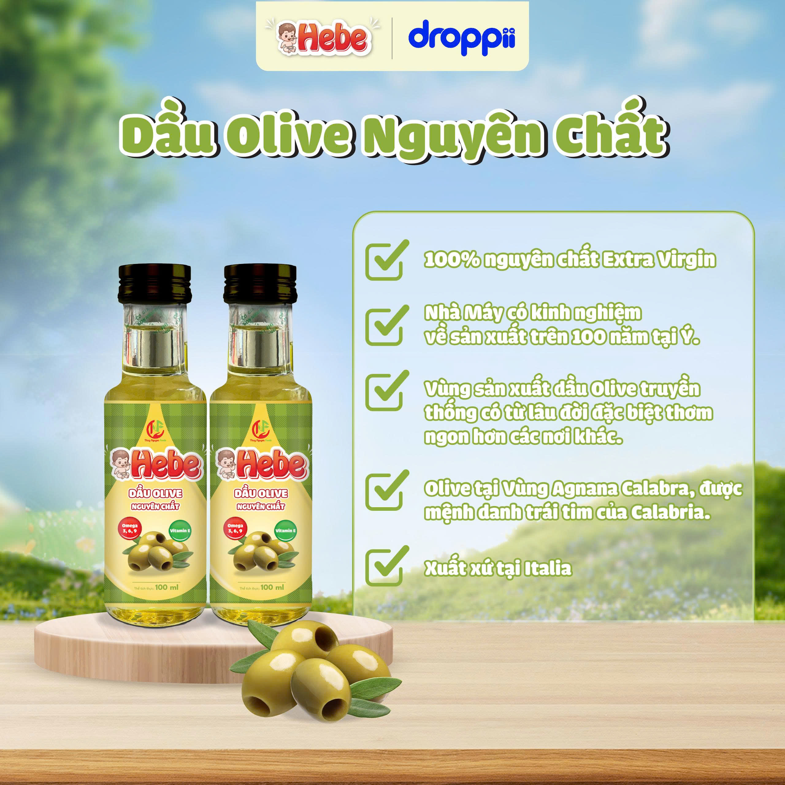 Dầu olive extra virgin HEBE nguyên chất nhập khẩu 100% từ Ý (chai 100ml)