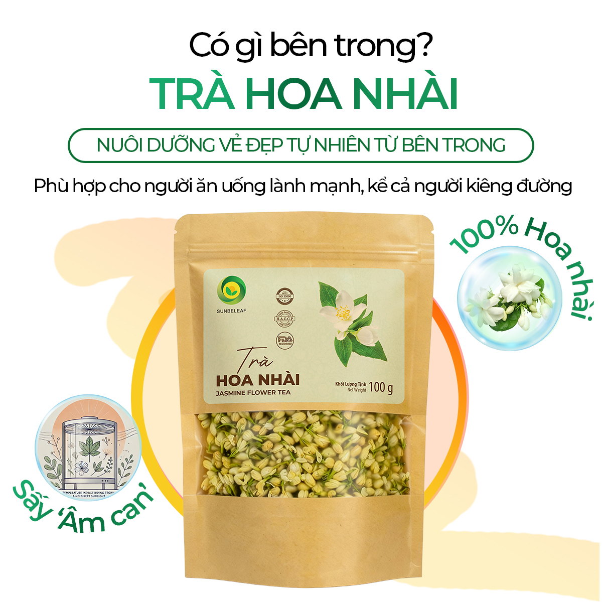 Trà Hoa Nhài Sấy Khô Sunbeleaf – Mang Lại Cảm Giác Thư Thái, Nhẹ Nhàng Sau Mỗi Ngày Bận Rộn – Túi Zip 100g