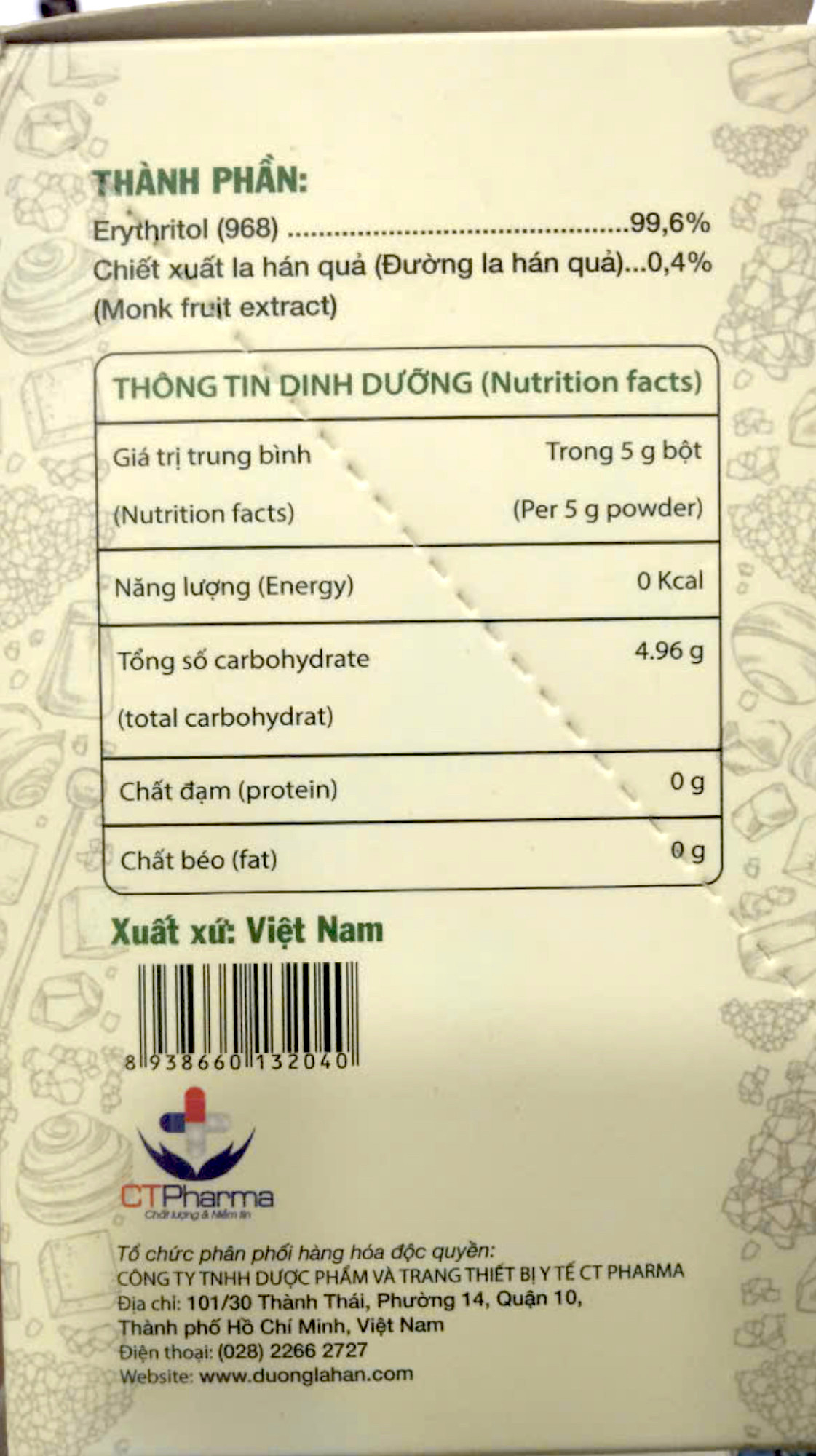 Đường ăn kiêng Monk Fruit CT (Hộp 20 gói x 5g)