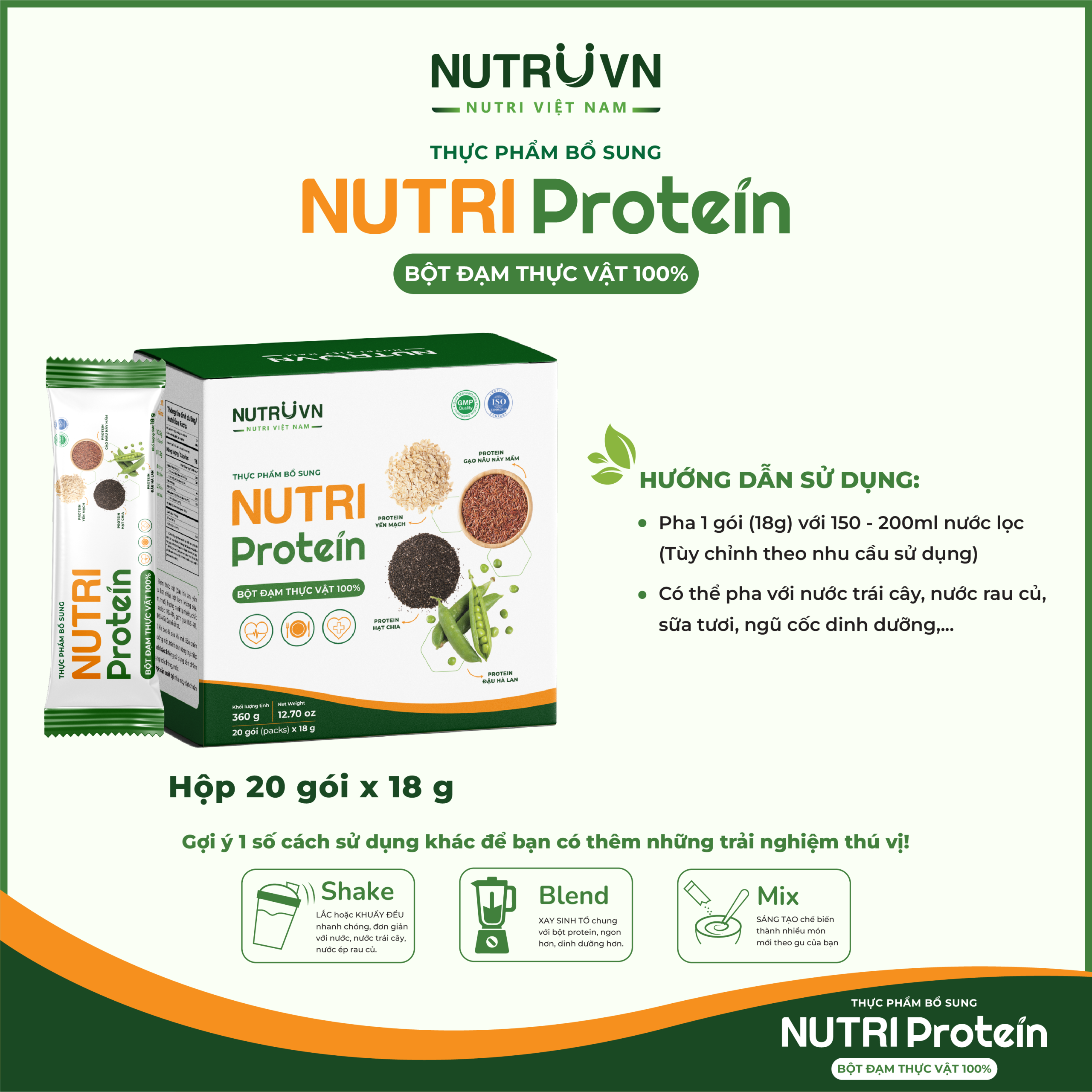 Bột đạm thực vật Nutri Protein hỗ trợ cơ bắp, tăng sức đề kháng, tim mạch (Hộp 20 gói x 18g)