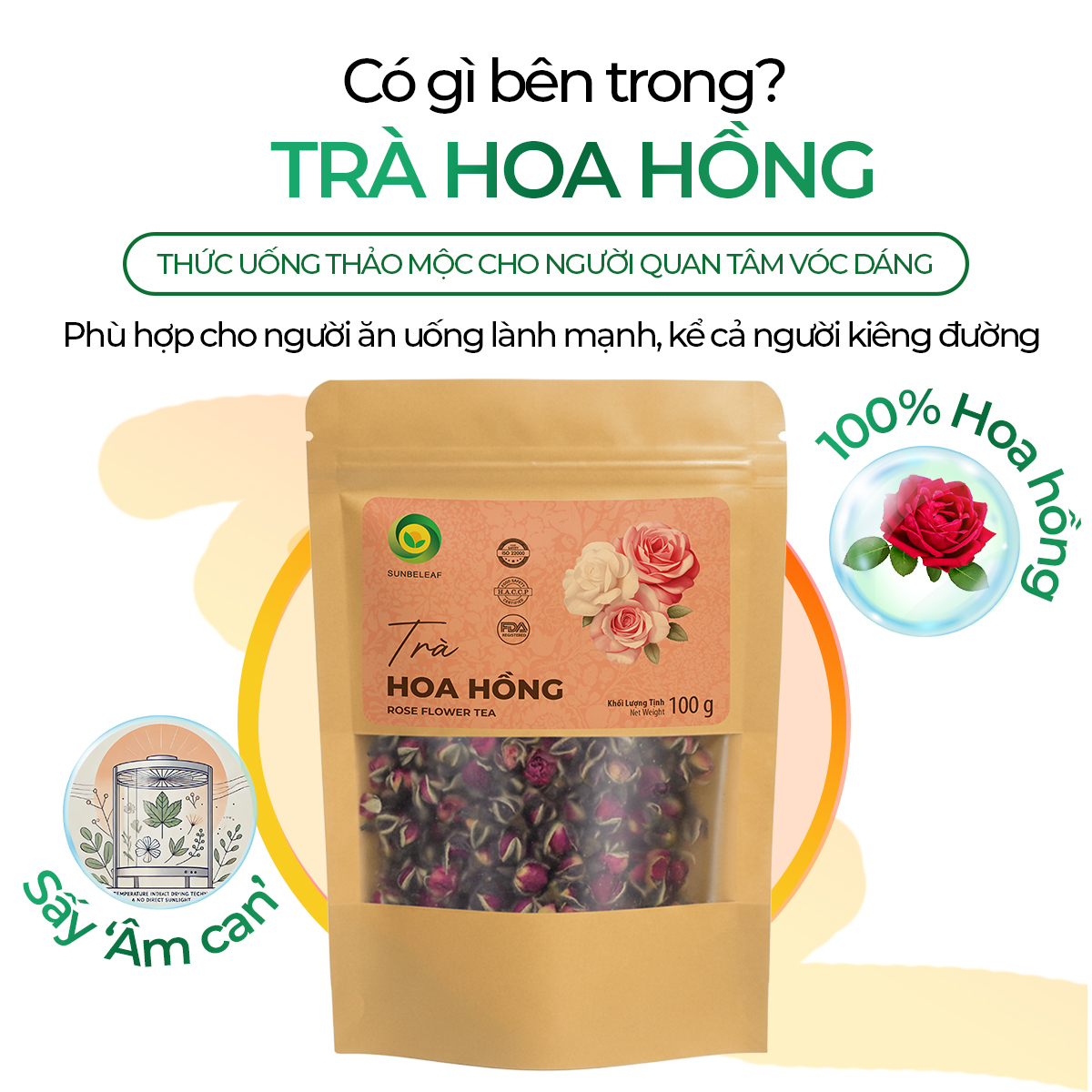 Trà Hoa Hồng Sunbeleaf – Thức Uống Thảo Mộc Dịu Nhẹ Cho Phái Đẹp – Túi 100g