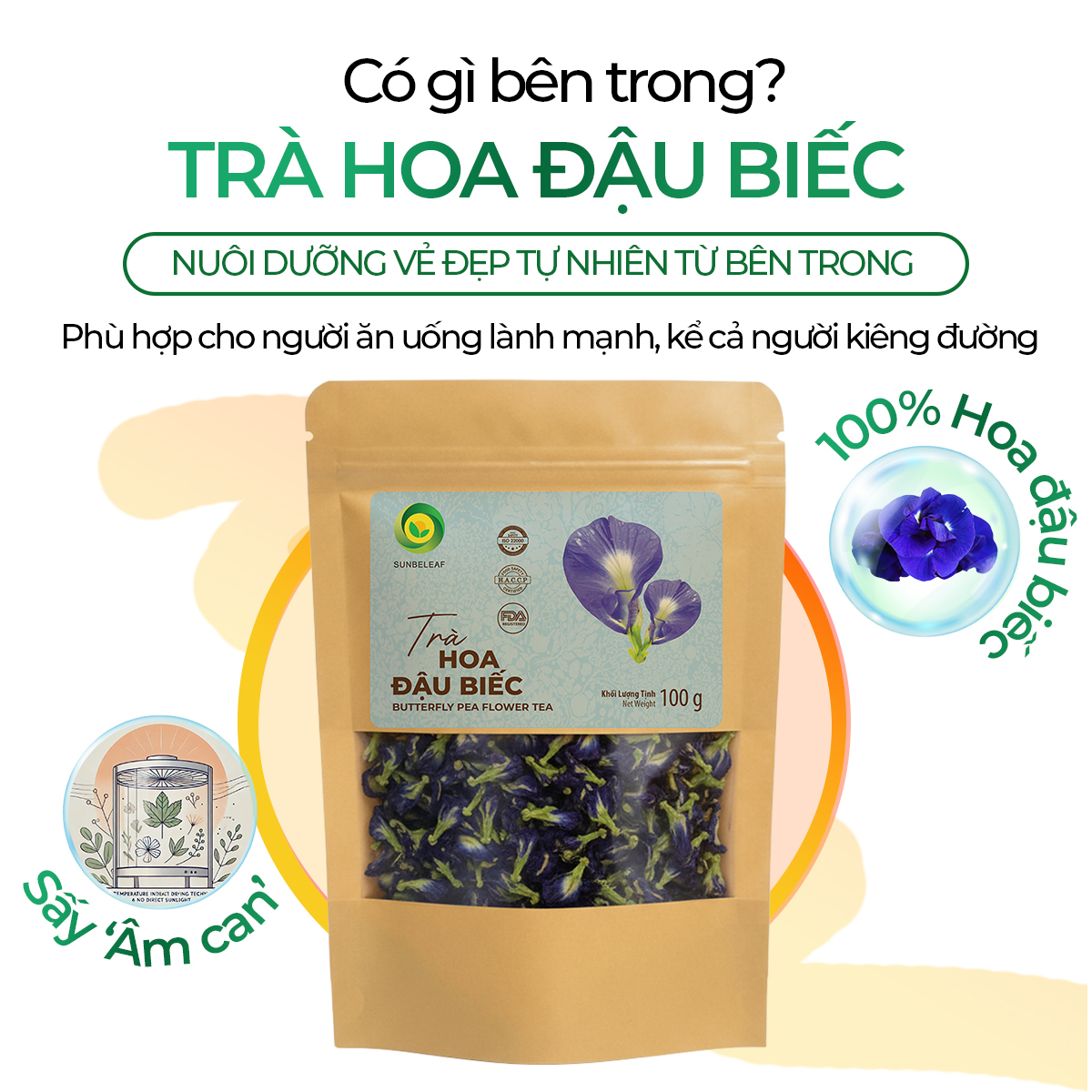 Trà Hoa Đậu Biếc Sunbeleaf – Hoa Khô Pha Trà Và Tạo Màu Thực Phẩm – Túi Zip 100g