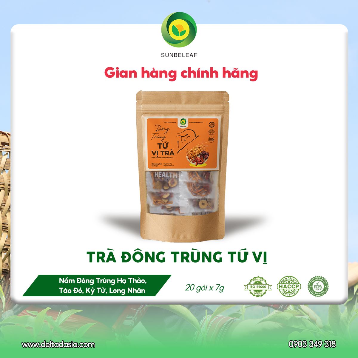 Trà Đông Trùng Hạ Thảo Tứ Vị Sunbeleaf – Duy Trì Sinh Lực, Nuôi Dưỡng Cơ Thể Từ Bên Trong – Túi Zip 20 Gói