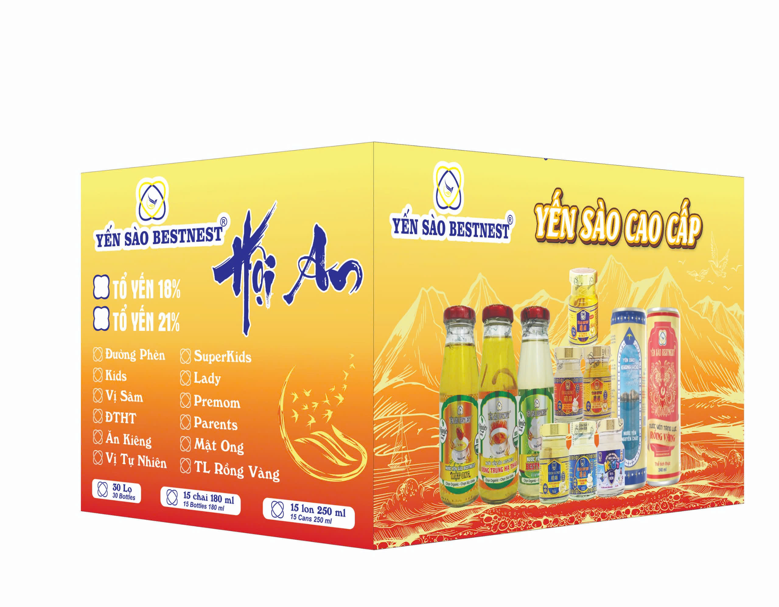 Thùng 30 hũ Yến Sào Chưng Sẵn Bestnest Hội An 18% Ngũ Vị (6 hũ Đường Phèn – 6 hũ Kid – 6 hũ Đông trùng hạ thảo – 6 hũ Nhân Sâm – 6 hũ Ăn Kiêng)