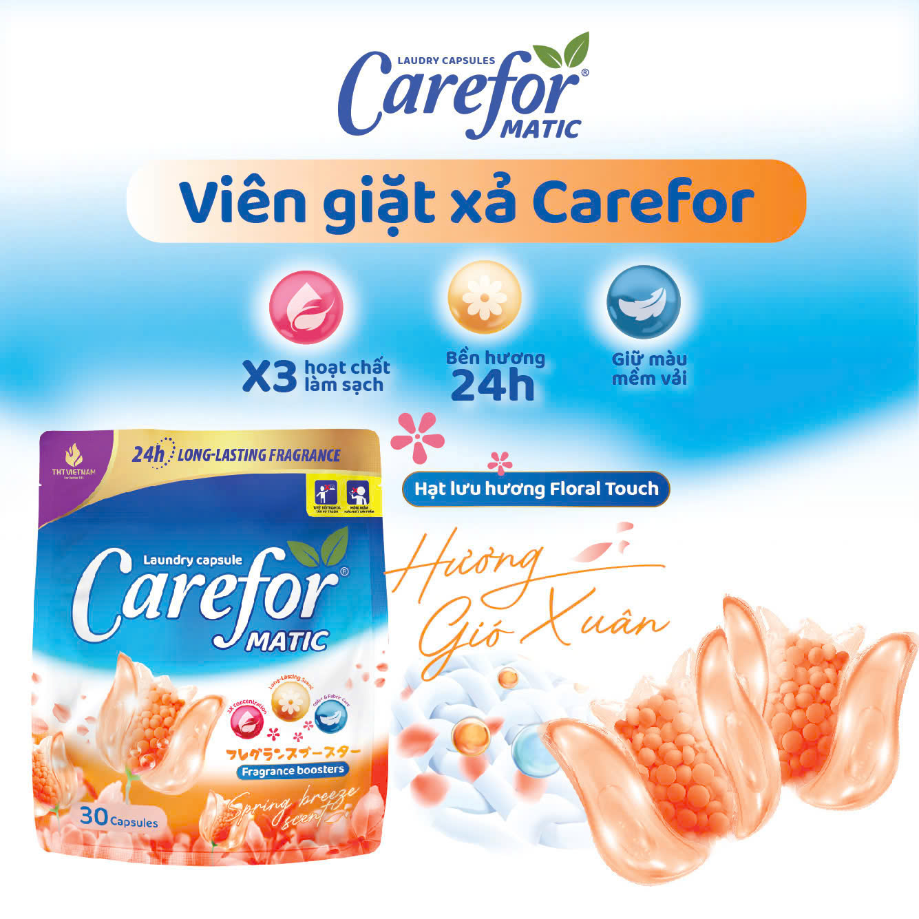 Viên giặt xả Carefor Matic hương gió xuân 315gram – Túi 30 viên (dùng cho máy giặt)