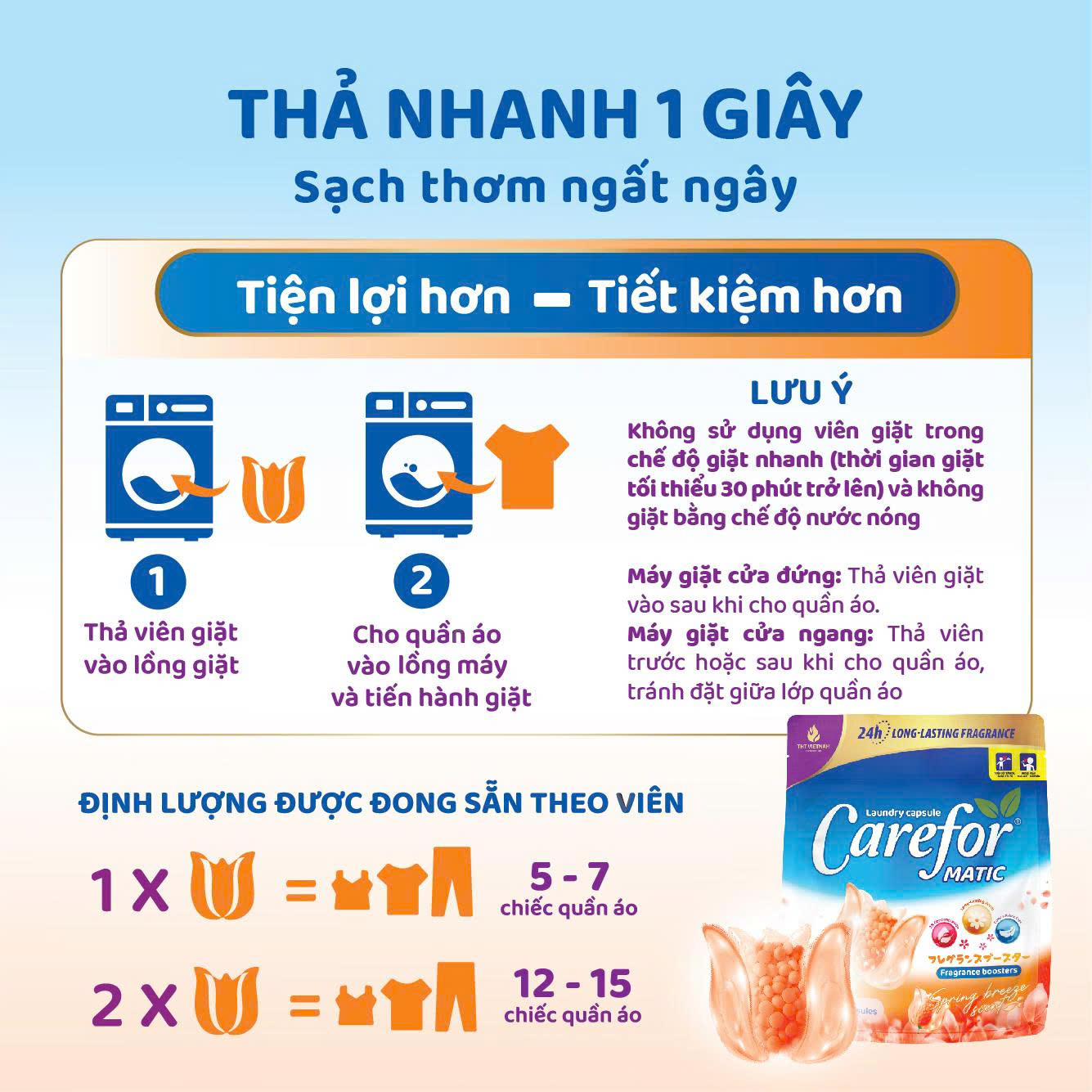 Viên giặt xả Carefor Matic hương gió xuân 315gram – Túi 30 viên (dùng cho máy giặt)