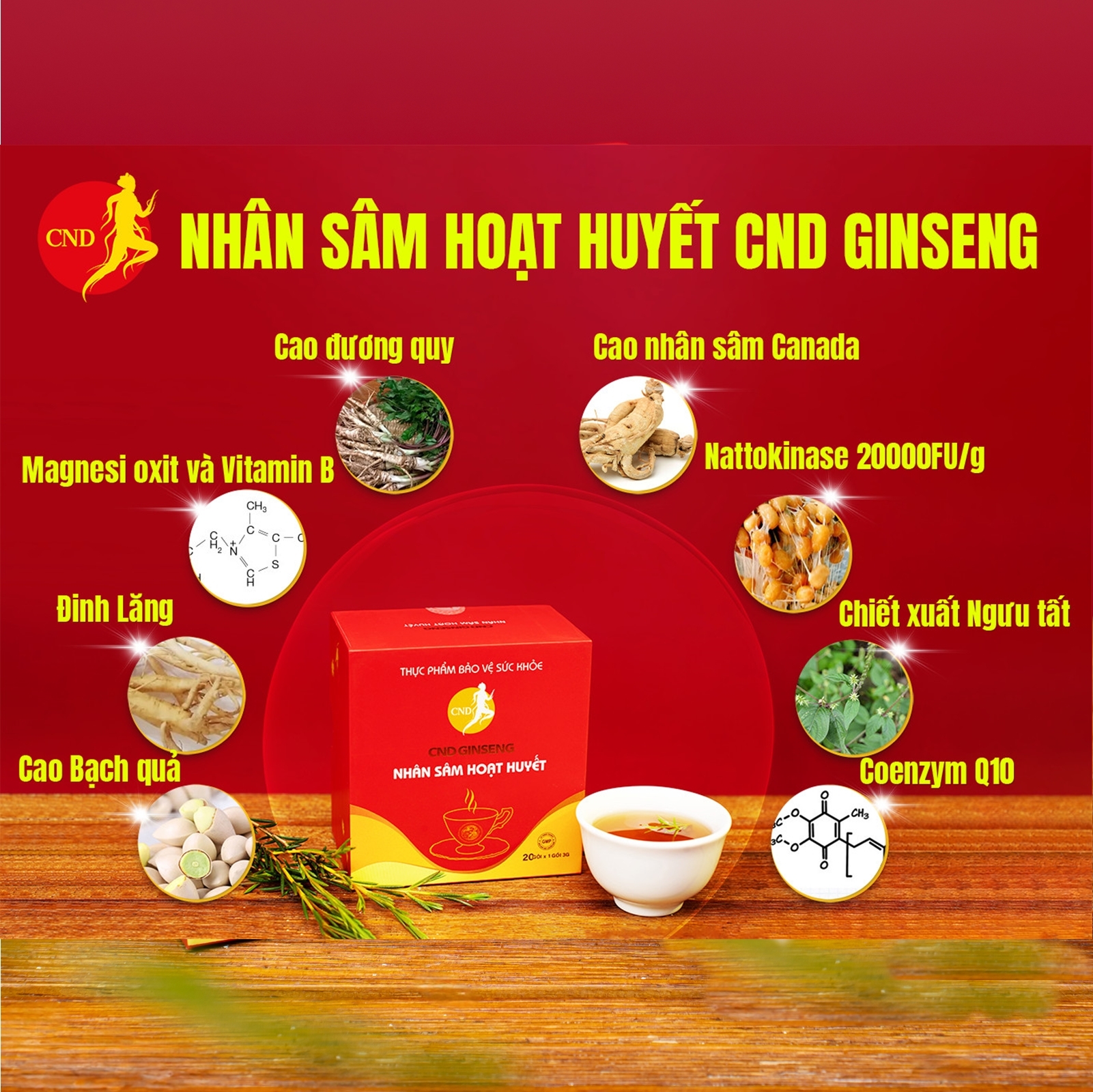 Sâm CND Ginseng Hoạt Huyết – Hỗ trợ tuần hoàn não, giảm đau đầu, chóng mặt (kèm túi)
