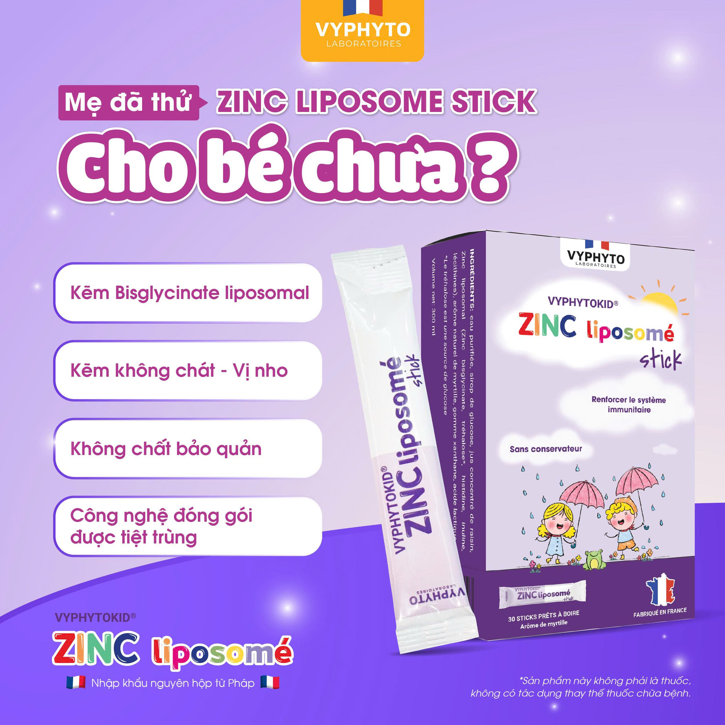 Thực phẩm bảo vệ sức khỏe VYPHYTOKID ZINC liposomé stick hỗ trợ bổ sung kẽm (hộp 14 gói)