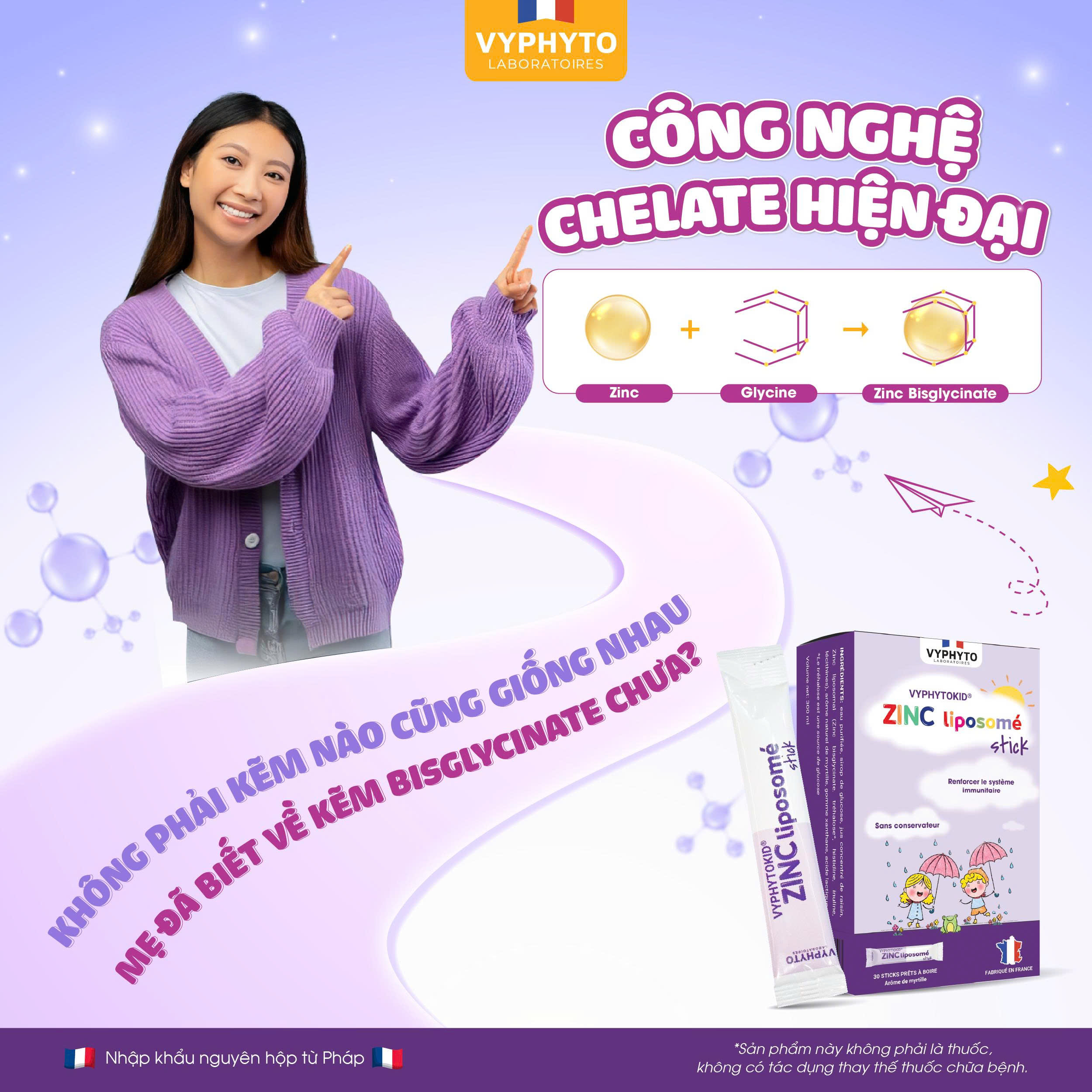 Thực phẩm bảo vệ sức khỏe VYPHYTOKID ZINC liposomé stick hỗ trợ bổ sung kẽm (hộp 14 gói)