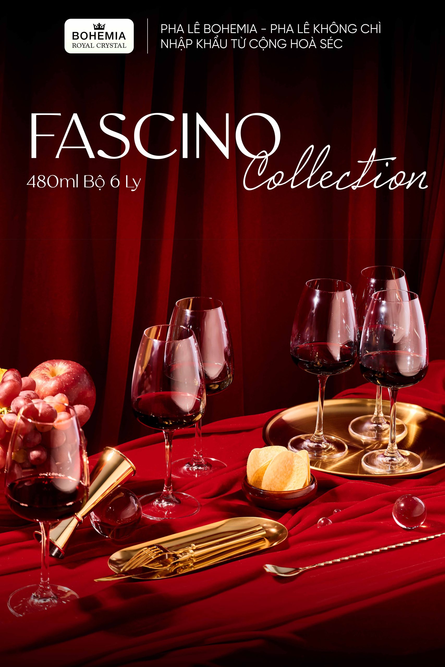 Ly Vang pha lê 480ml Bohemia Royal Crystal Set 6 ly – MODEL: Fascino 480ml