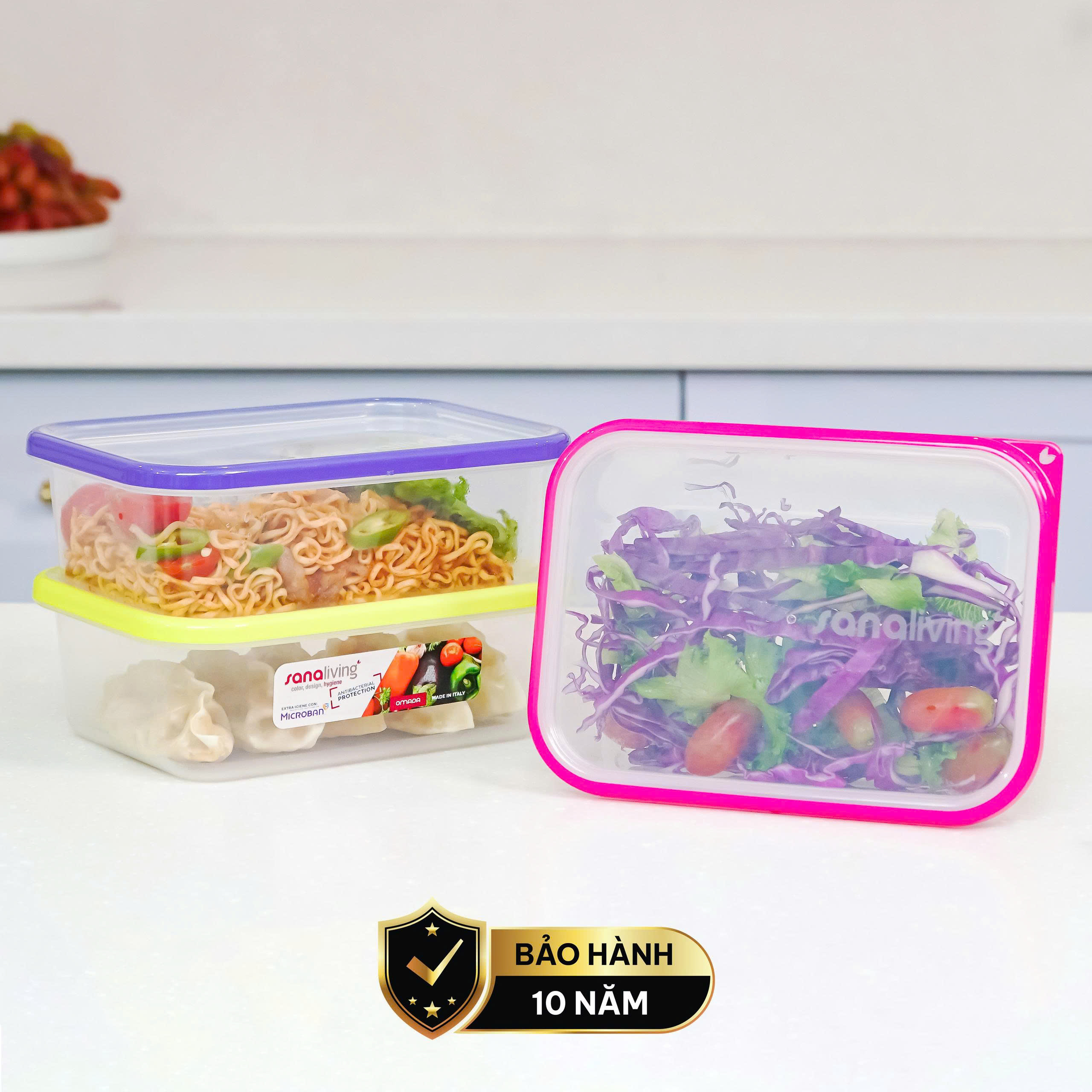 Set 3 Hộp đựng thực phẩm Kháng khuẩn 1000 ml Sanaliving cao cấp OMADA – Model: S2321CA