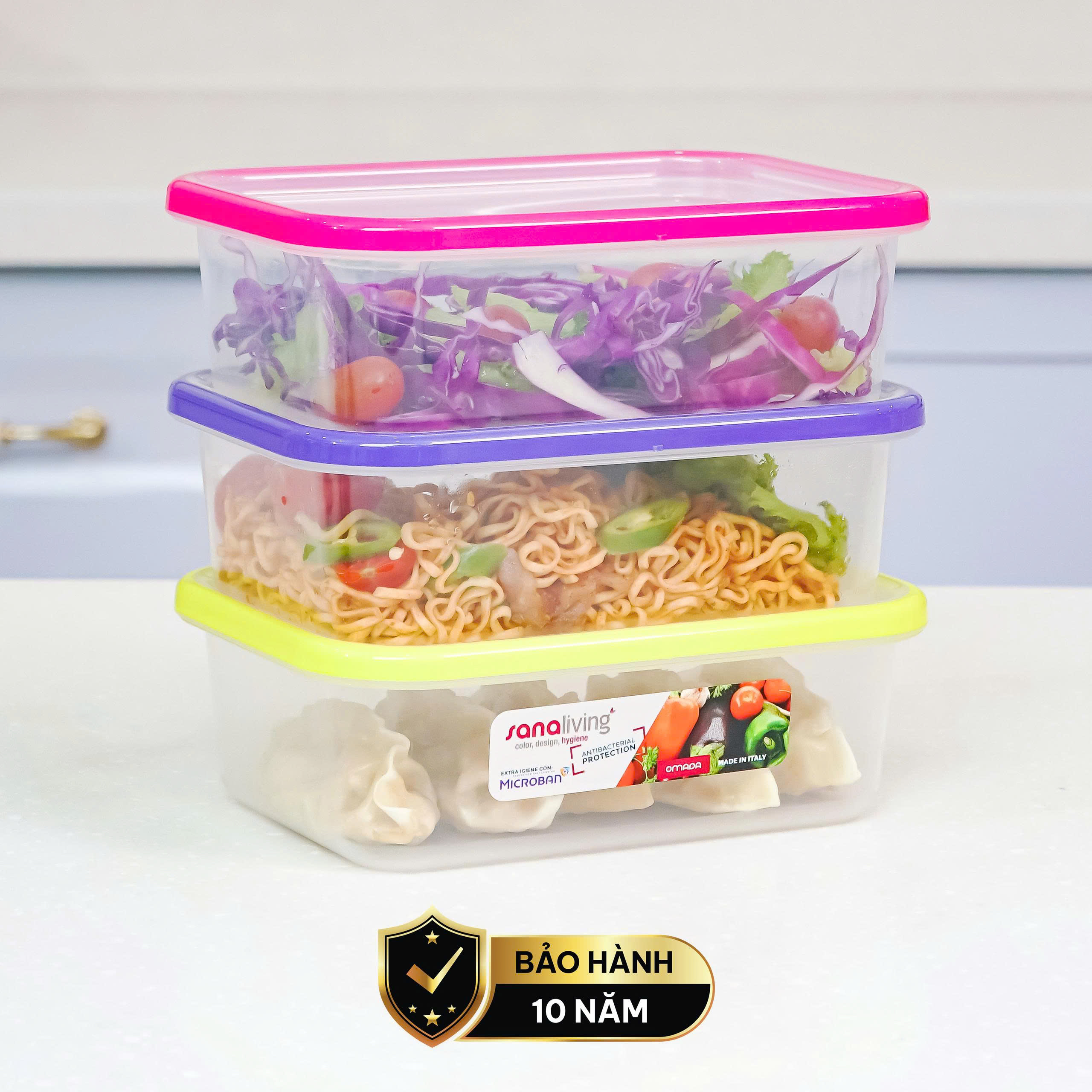 Set 3 Hộp đựng thực phẩm Kháng khuẩn 1000 ml Sanaliving cao cấp OMADA – Model: S2321CA