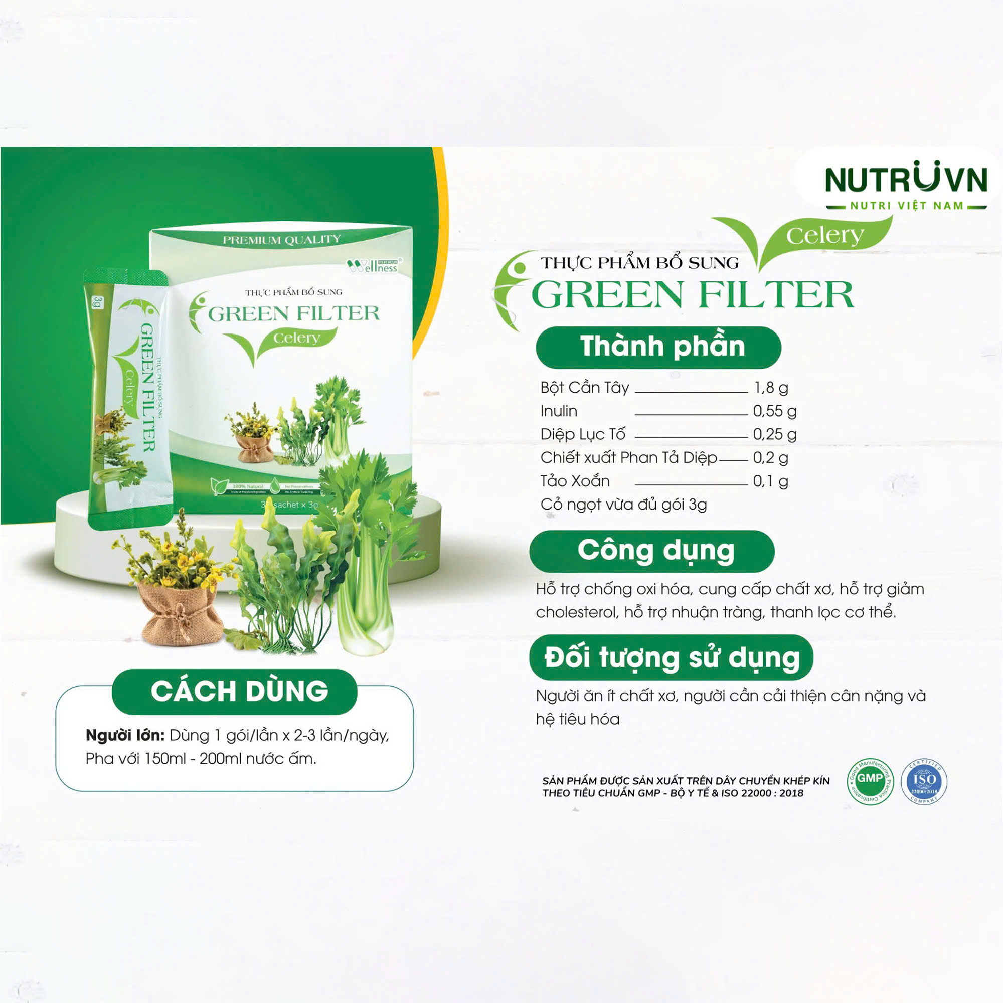 Bột cần tây sấy lạnh Green Filter Celery – Bổ sung chất xơ, thanh lọc cơ thể, giảm cholesterol 30 gói