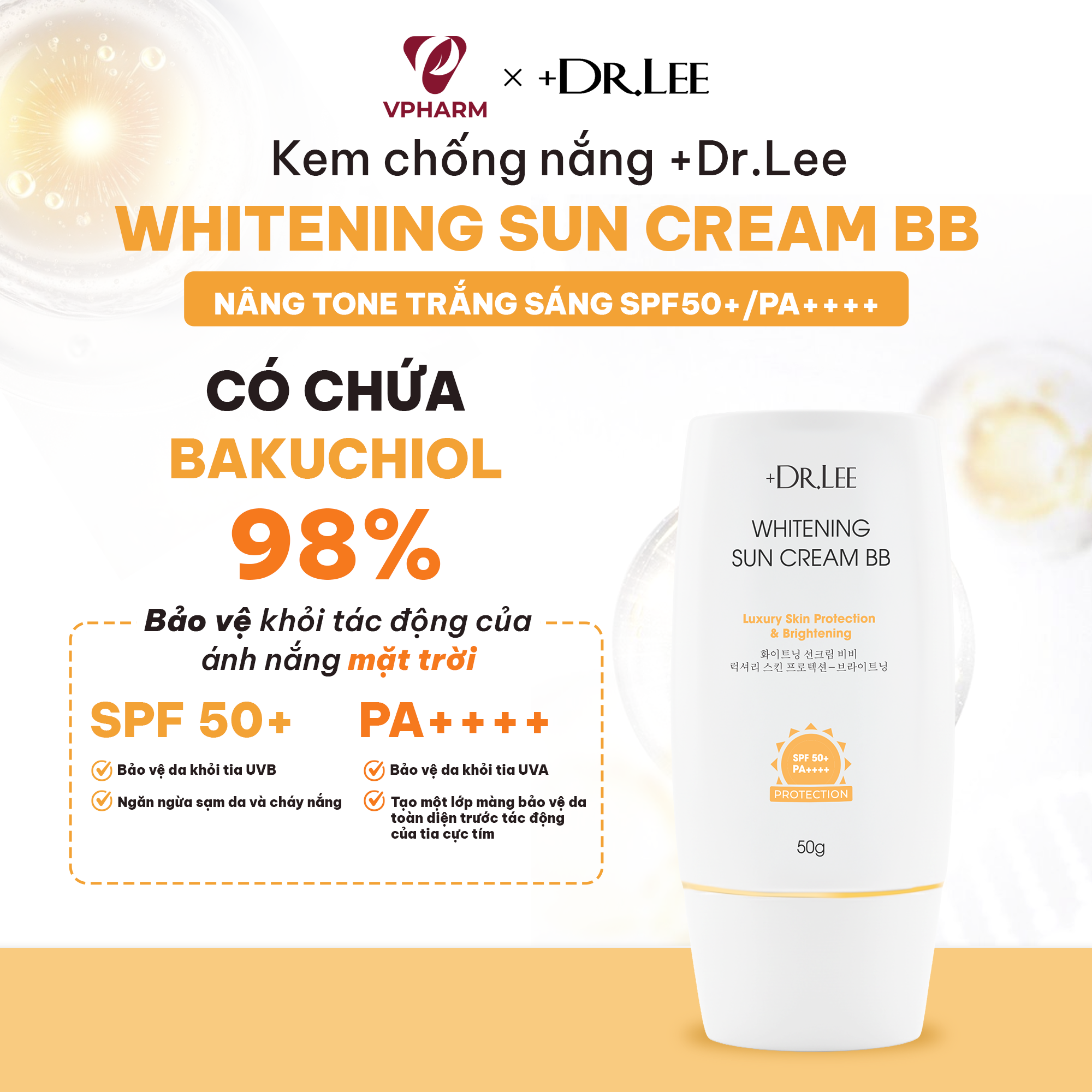 Kem Chống Nắng +Dr.lee BB Nâng Tone Trắng Sáng SPF50+/PA++++ Bakuchiol 98% (50g)
