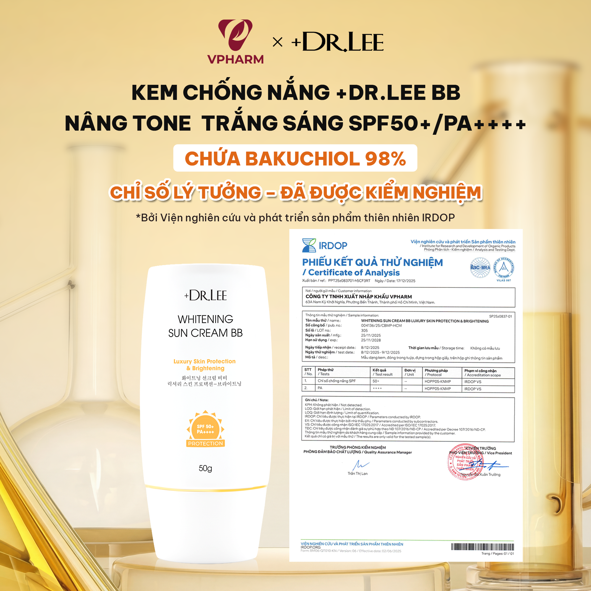 Kem Chống Nắng +Dr.lee BB Nâng Tone Trắng Sáng SPF50+/PA++++ Bakuchiol 98% (50g)