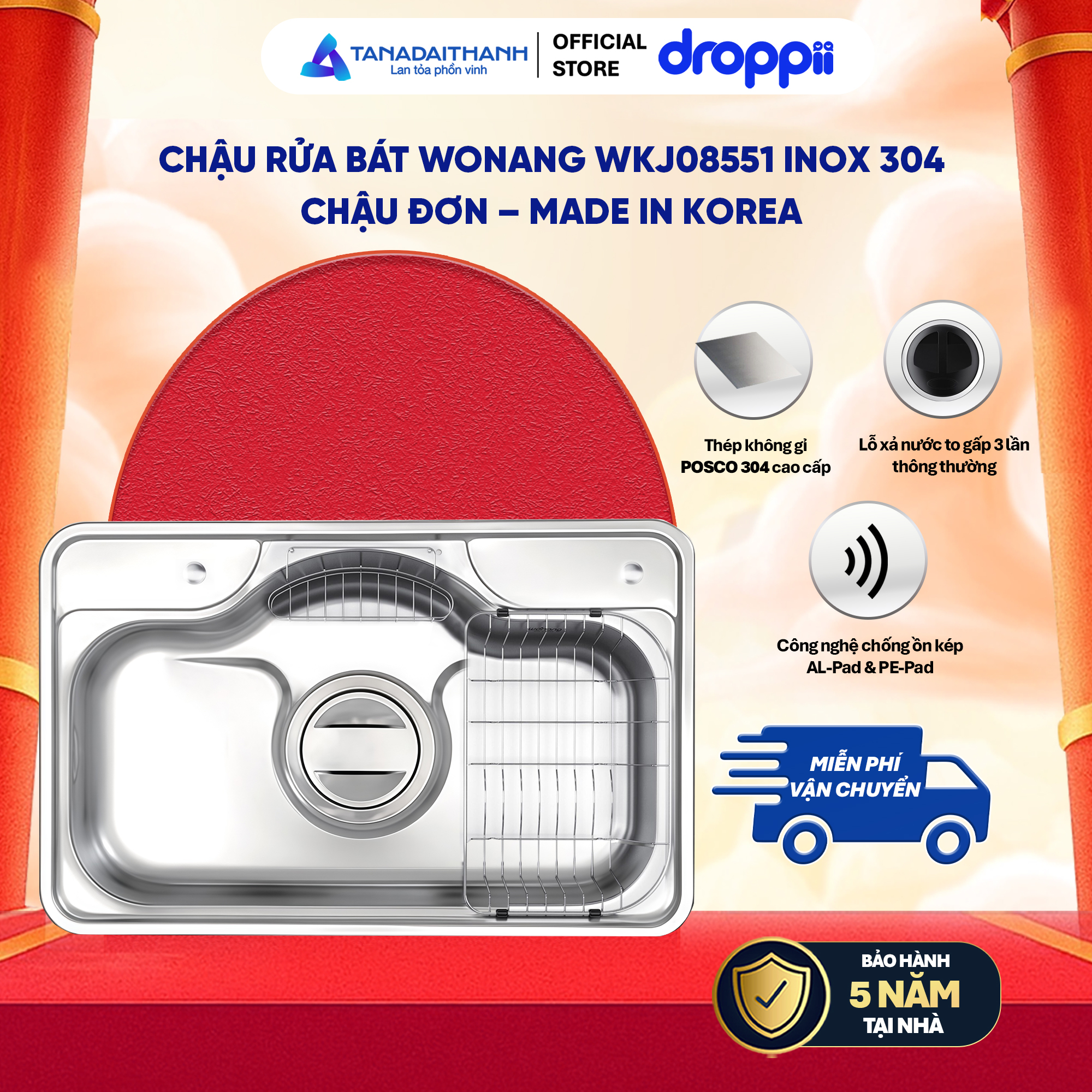 Chậu đơn rửa bát Wonang WKJ08551 một hố inox 304 – Made In Korea