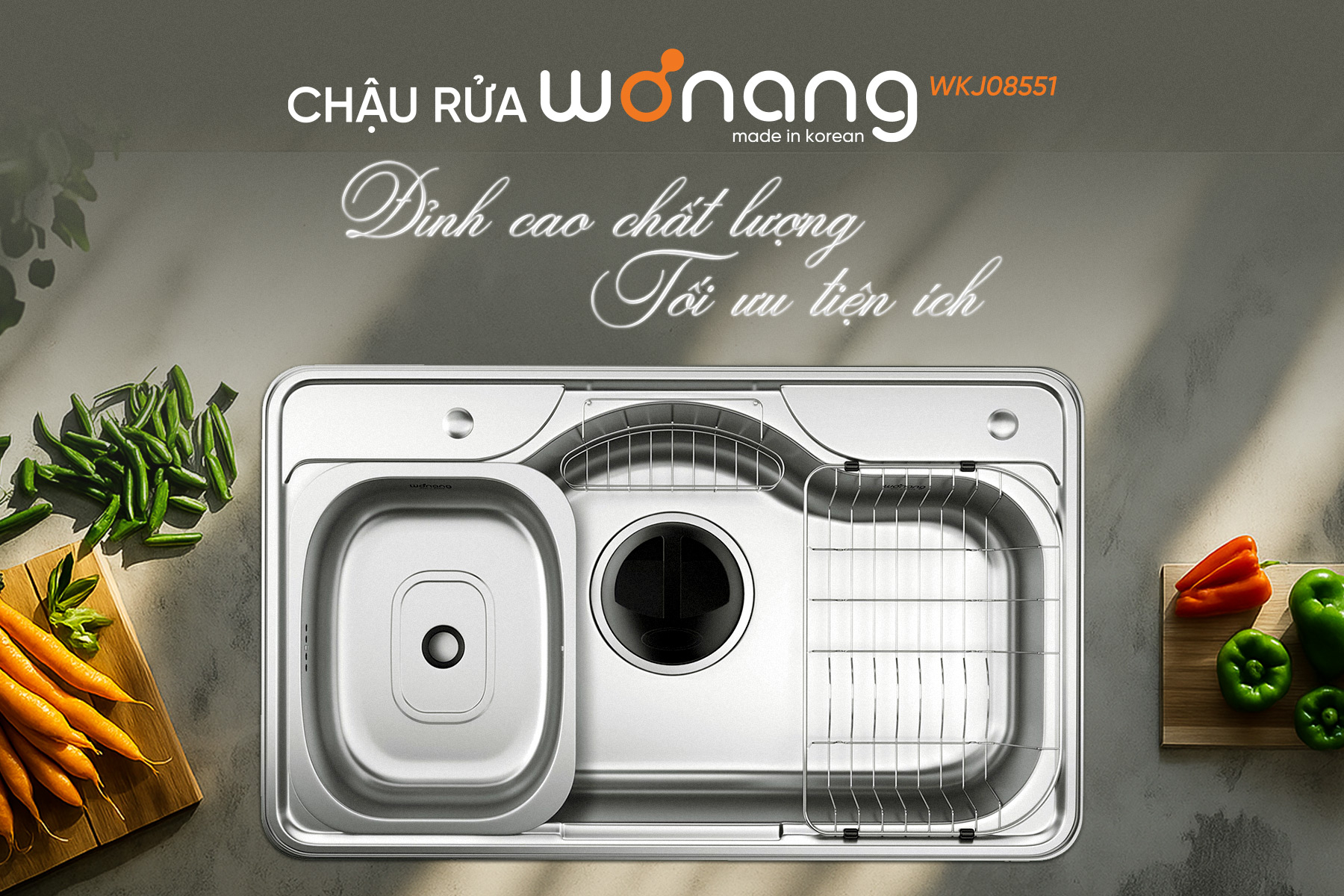 Chậu đơn rửa bát Wonang WKJ08551 một hố inox 304 – Made In Korea