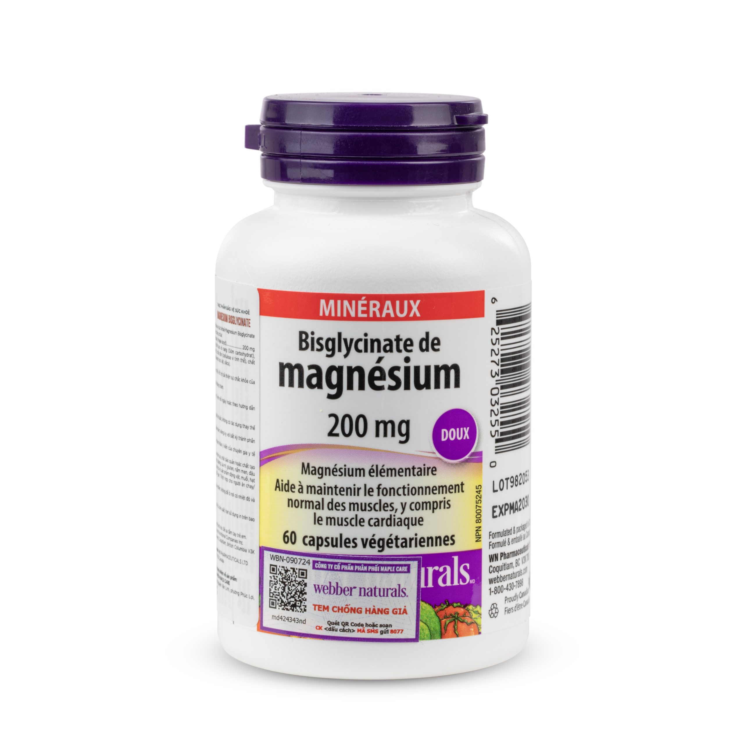 Thực phẩm bảo vệ sức khoẻ WEBBER NATURALS Magnesium Bisglycinate 200mg (Hộp 60 viên)