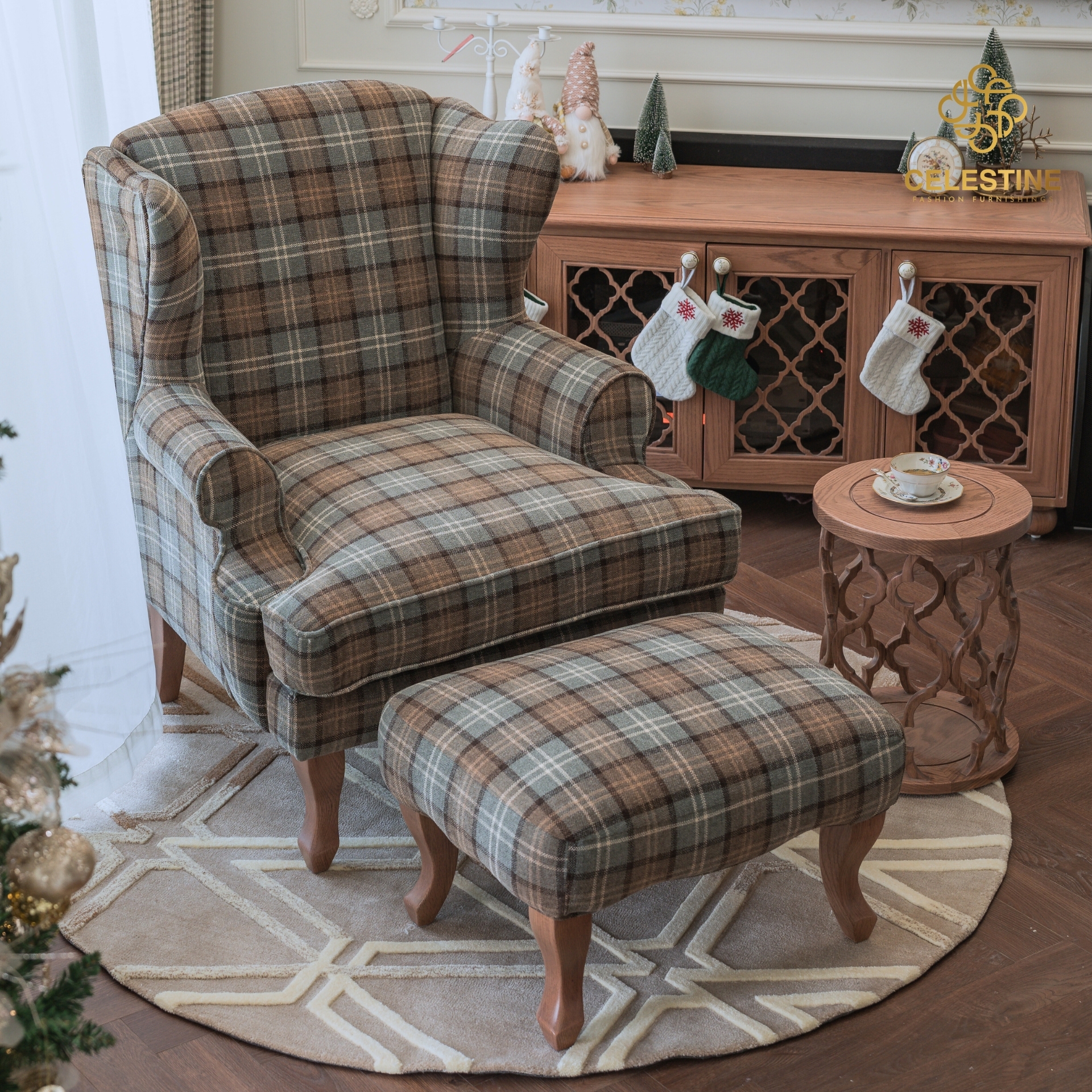 Ghế armchair CELESTINE Queen Anne Wingchair vải kẻ Anh