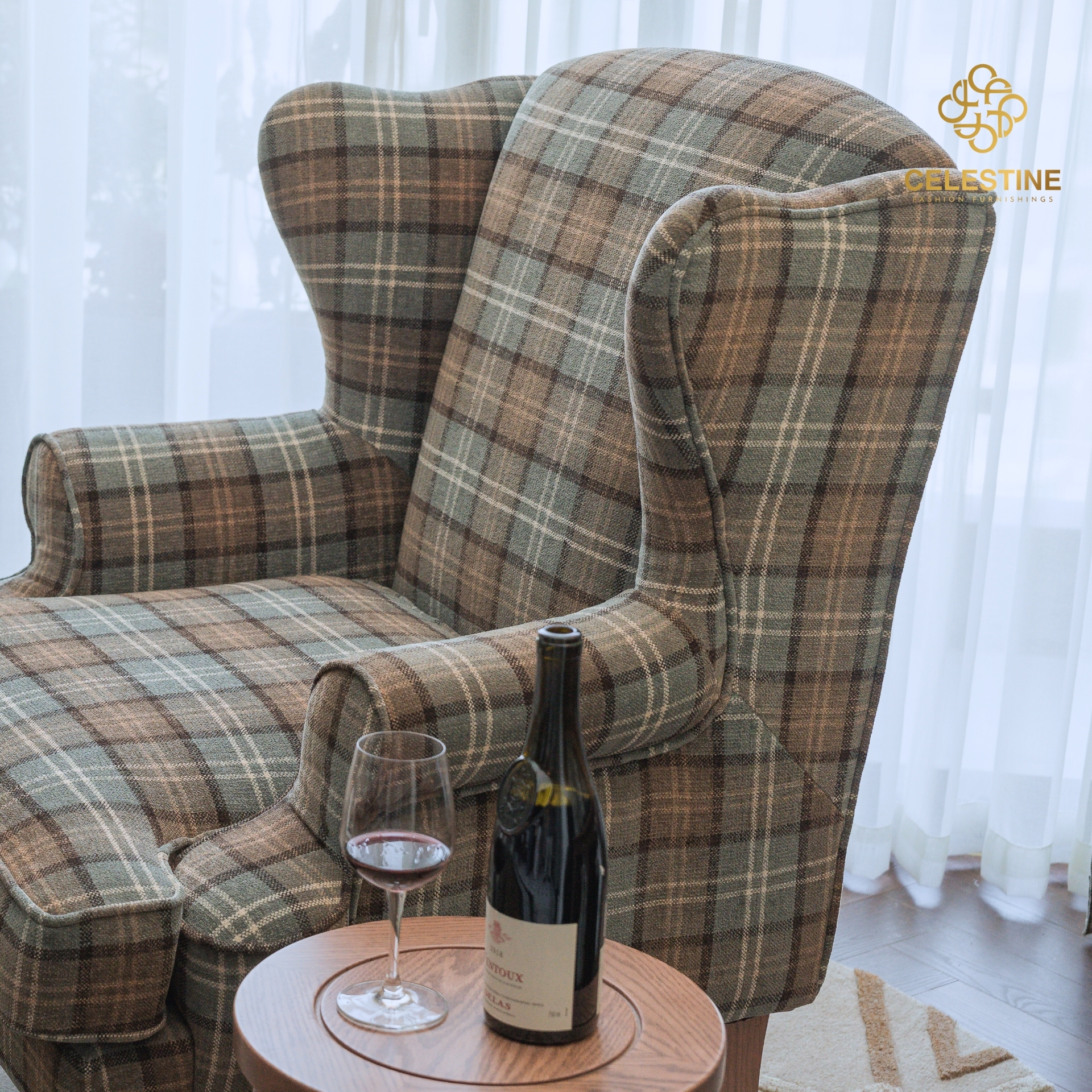 Ghế armchair CELESTINE Queen Anne Wingchair vải kẻ Anh