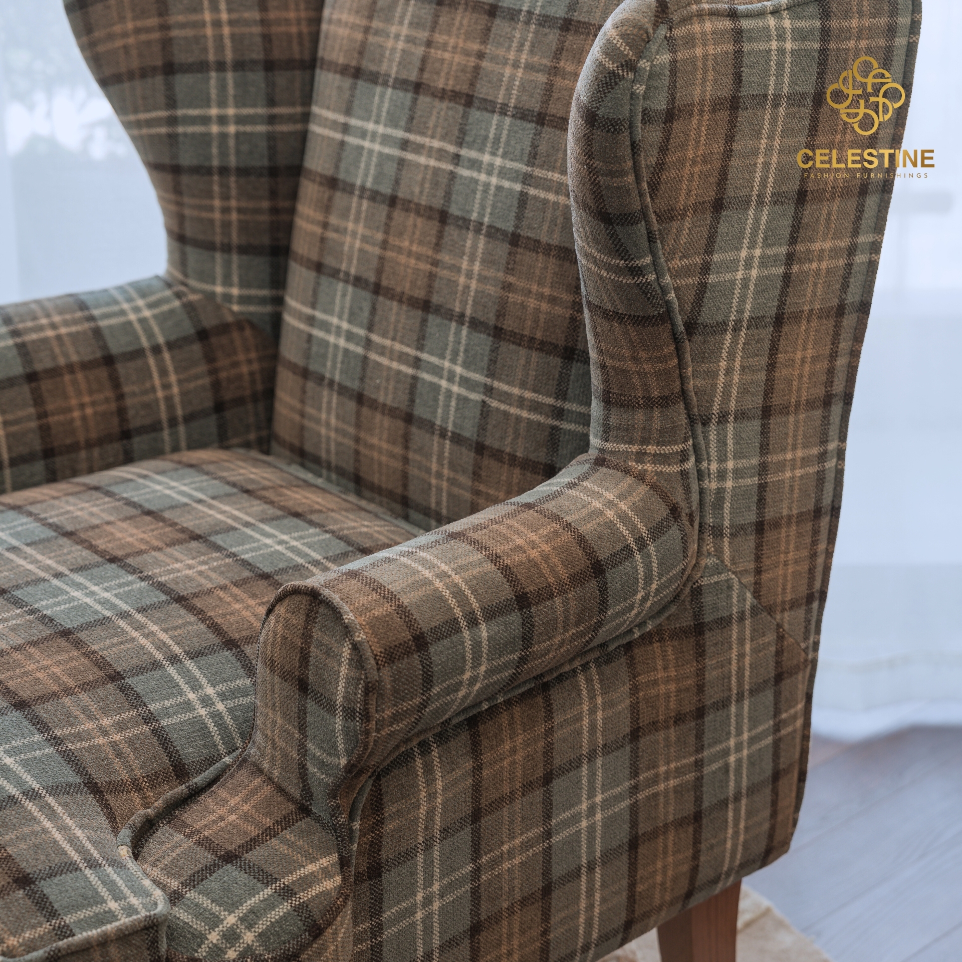 Ghế armchair CELESTINE Queen Anne Wingchair vải kẻ Anh
