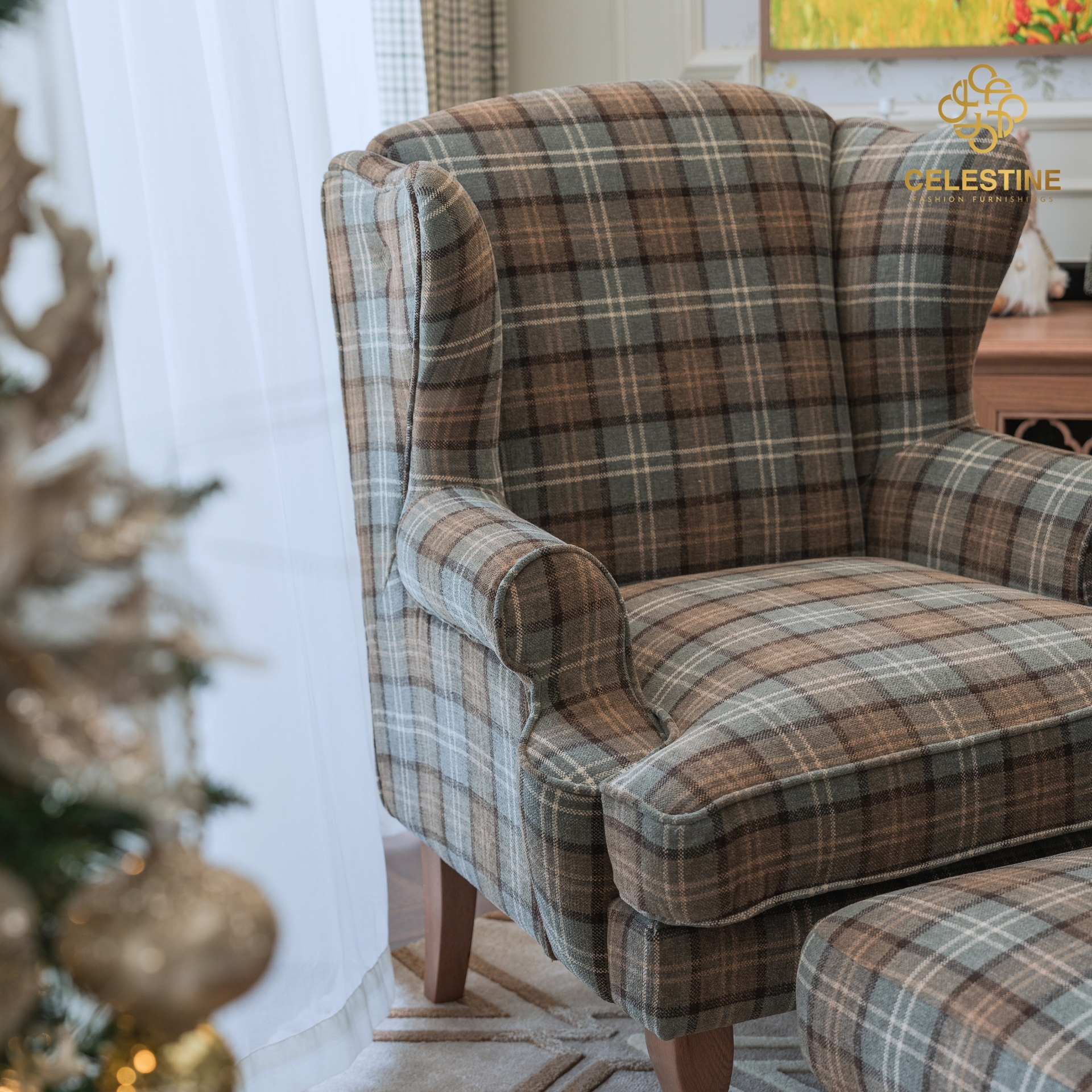 Ghế armchair CELESTINE Queen Anne Wingchair vải kẻ Anh