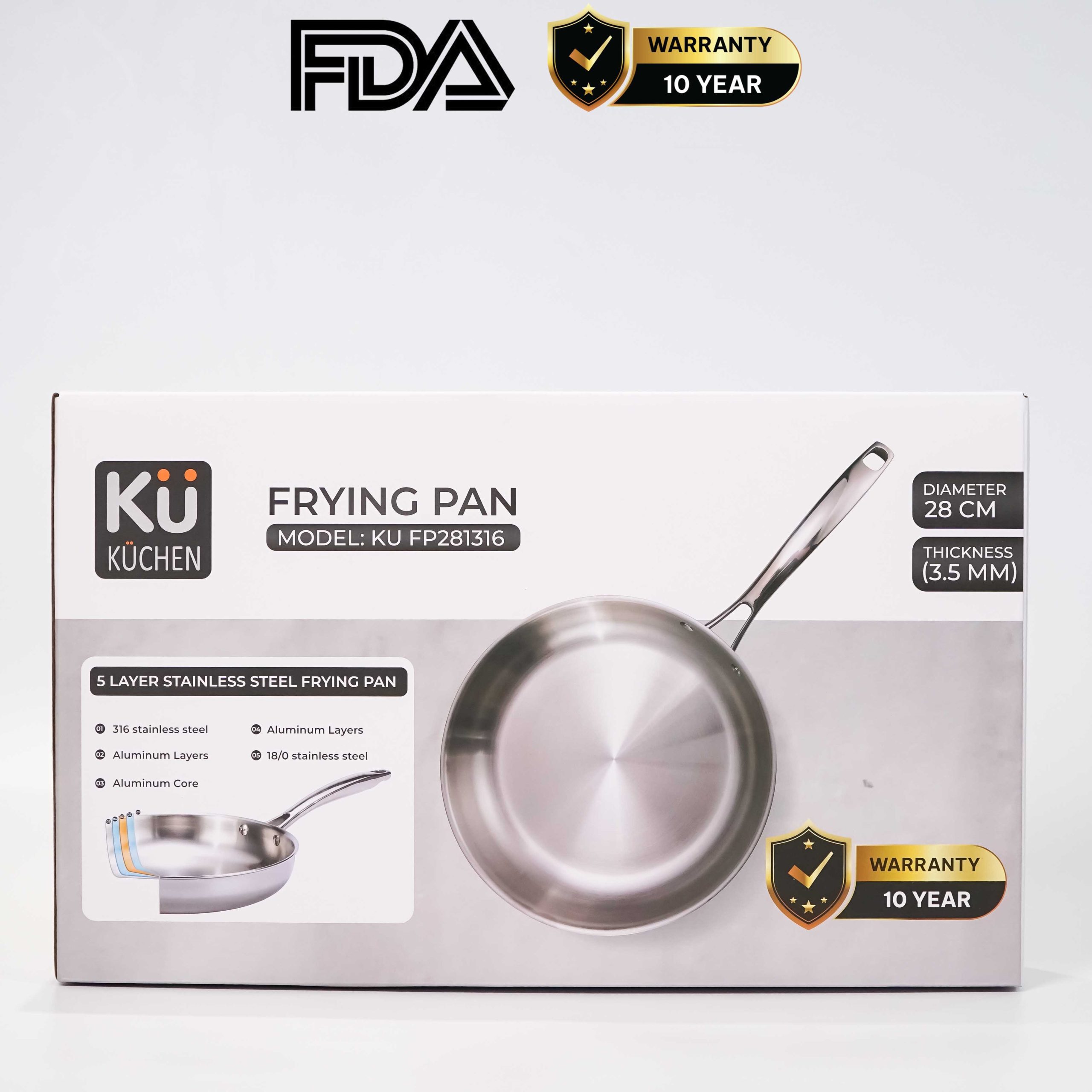 Chảo rán inox 316 28cm cao cấp KUCHEN KU FP281316