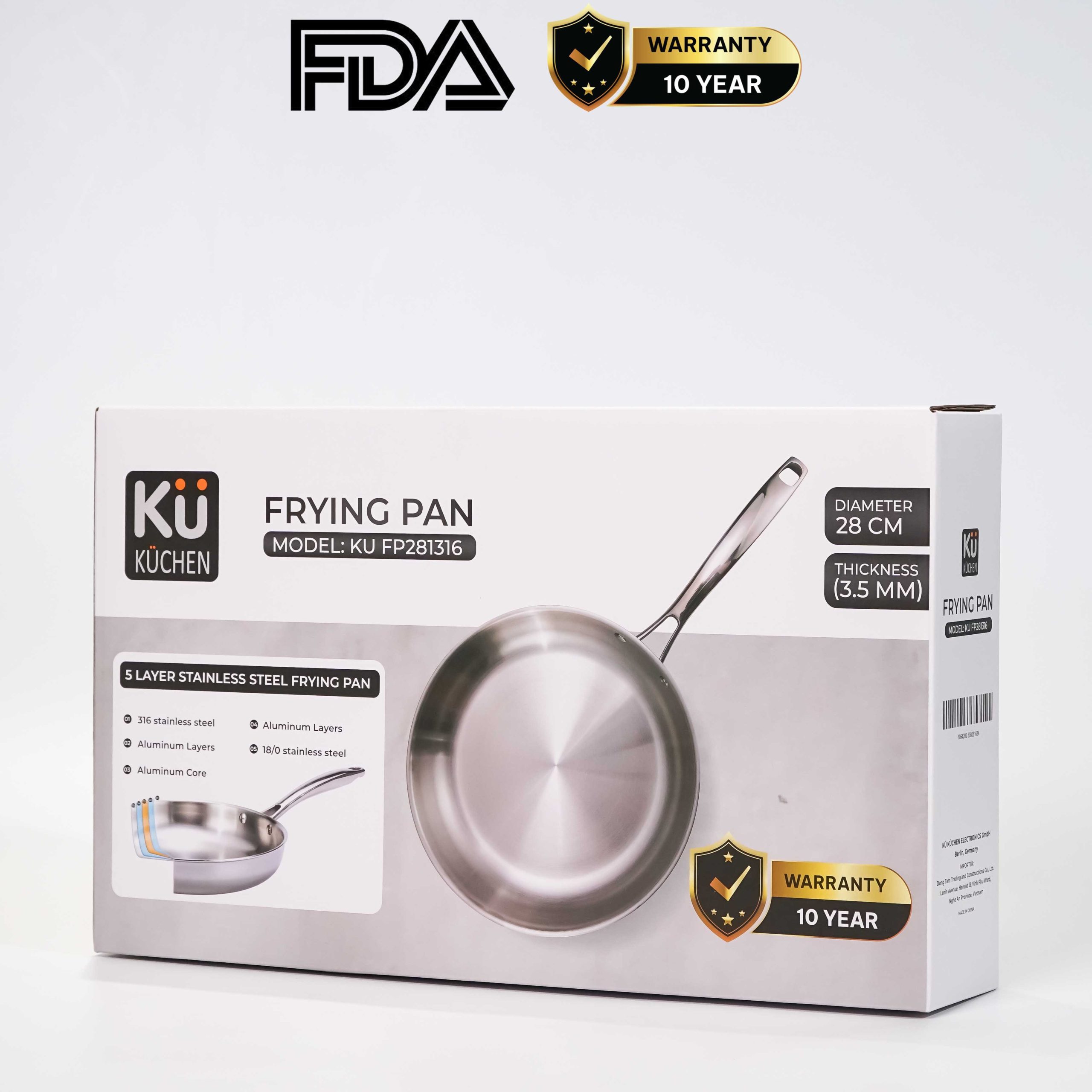 Chảo rán inox 316 28cm cao cấp KUCHEN KU FP281316