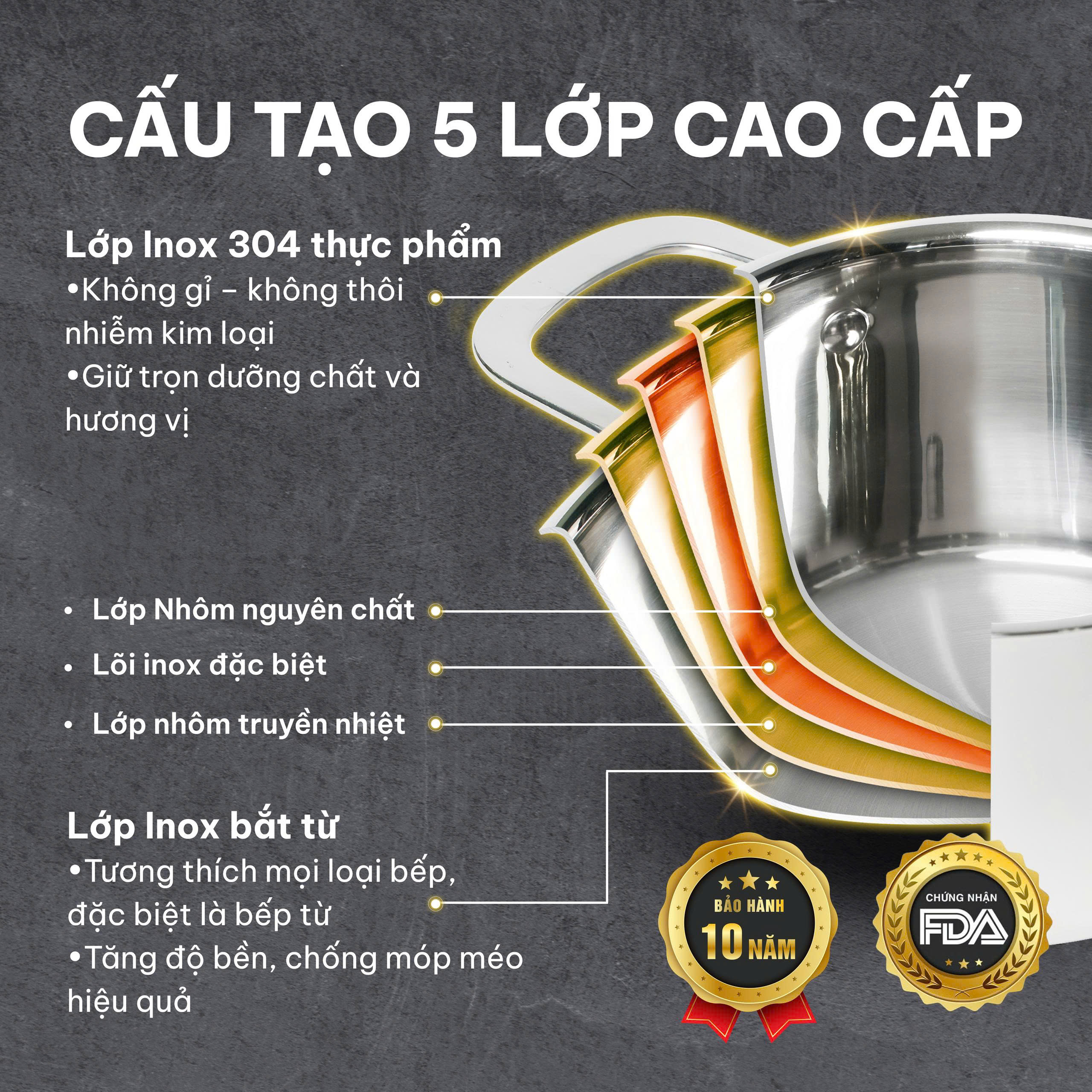 Nồi luộc gà 5 lớp inox 304 26cm