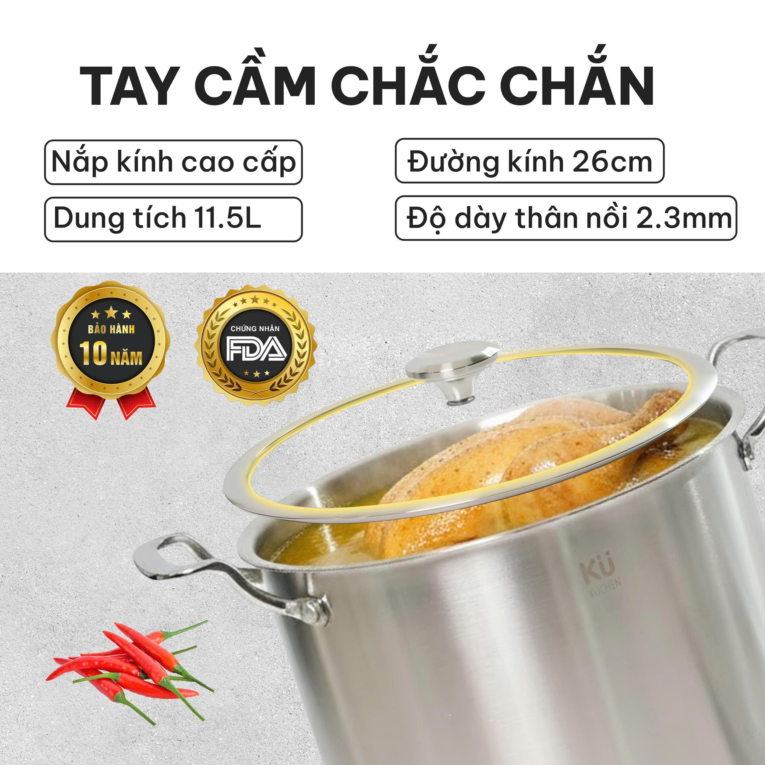 Nồi luộc gà 5 lớp inox 304 26cm