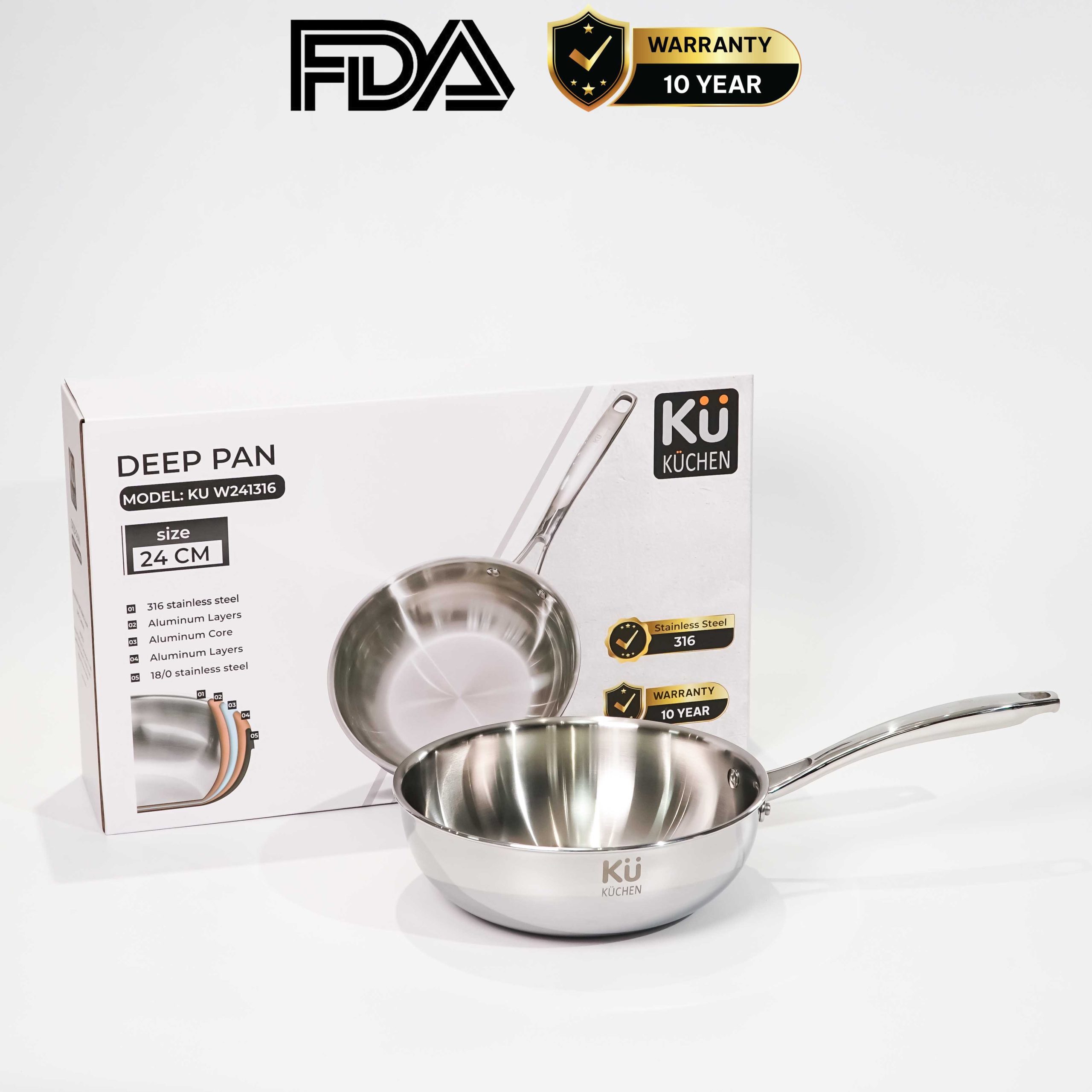 Chảo inox 316 24cm lòng sâu cao cấp KUCHEN KU W241316