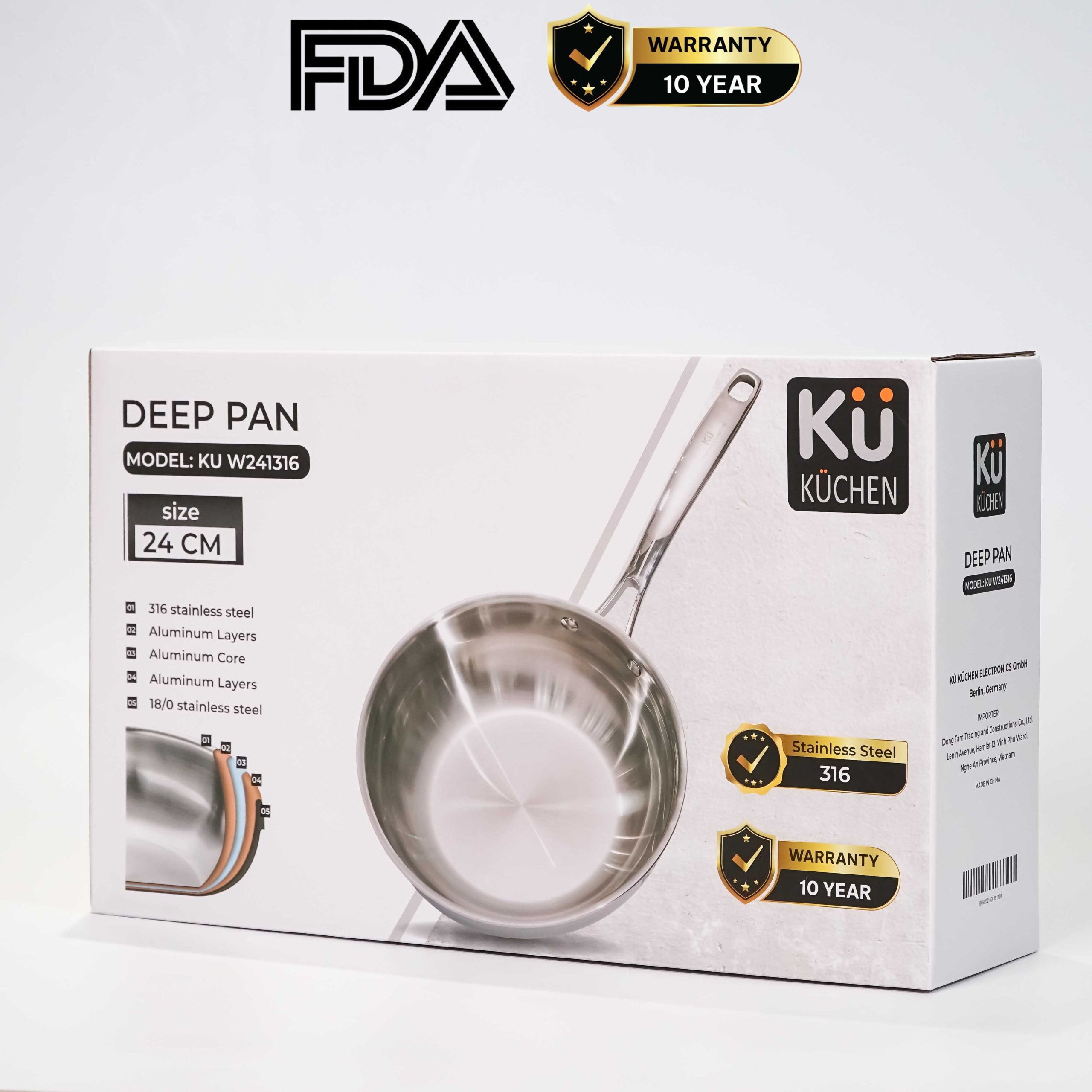 Chảo inox 316 24cm lòng sâu cao cấp KUCHEN KU W241316