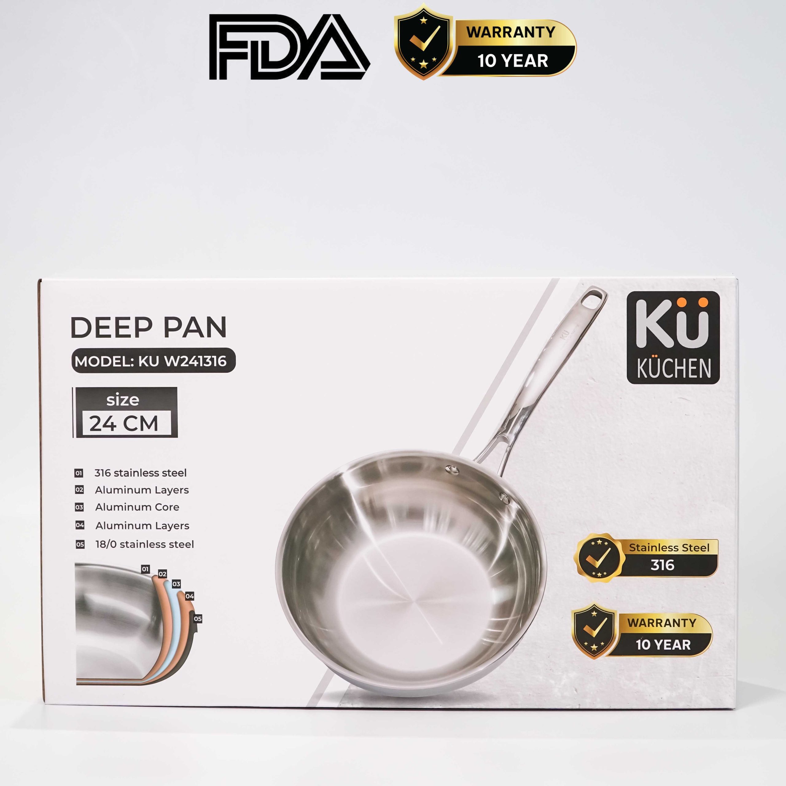 Chảo inox 316 24cm lòng sâu cao cấp KUCHEN KU W241316