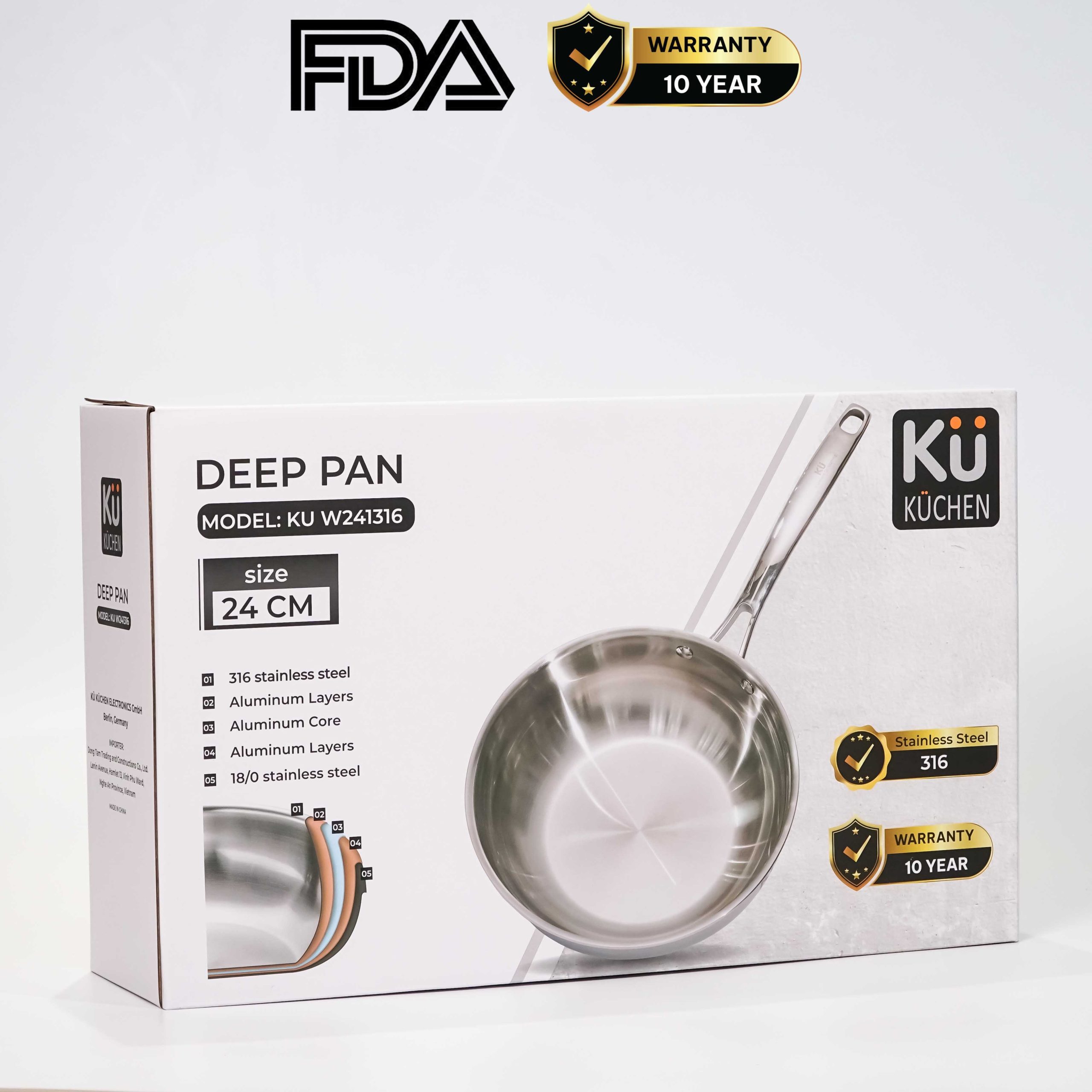 Chảo inox 316 24cm lòng sâu cao cấp KUCHEN KU W241316