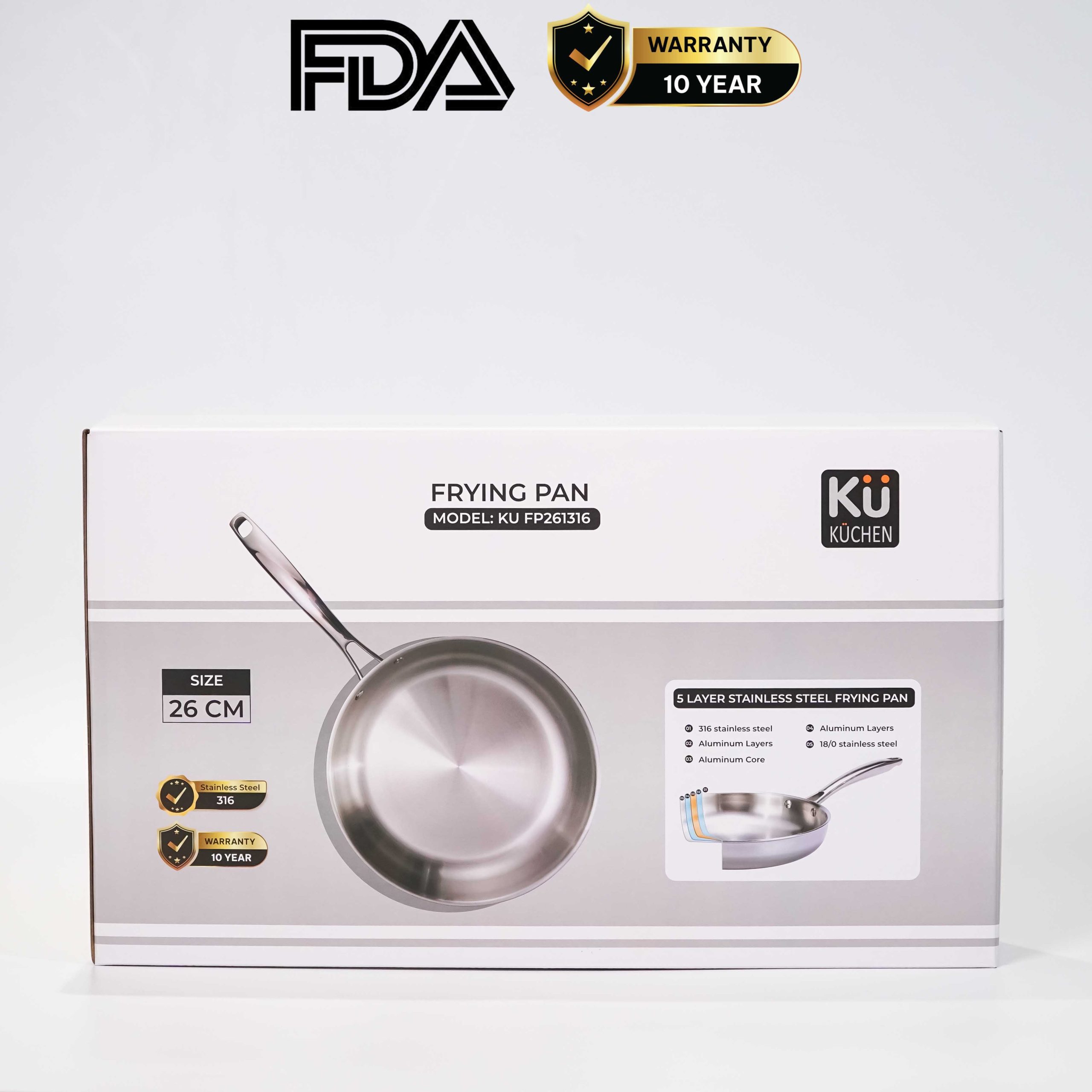 Chảo rán inox 316 26cm cao cấp KUCHEN KU FP261316