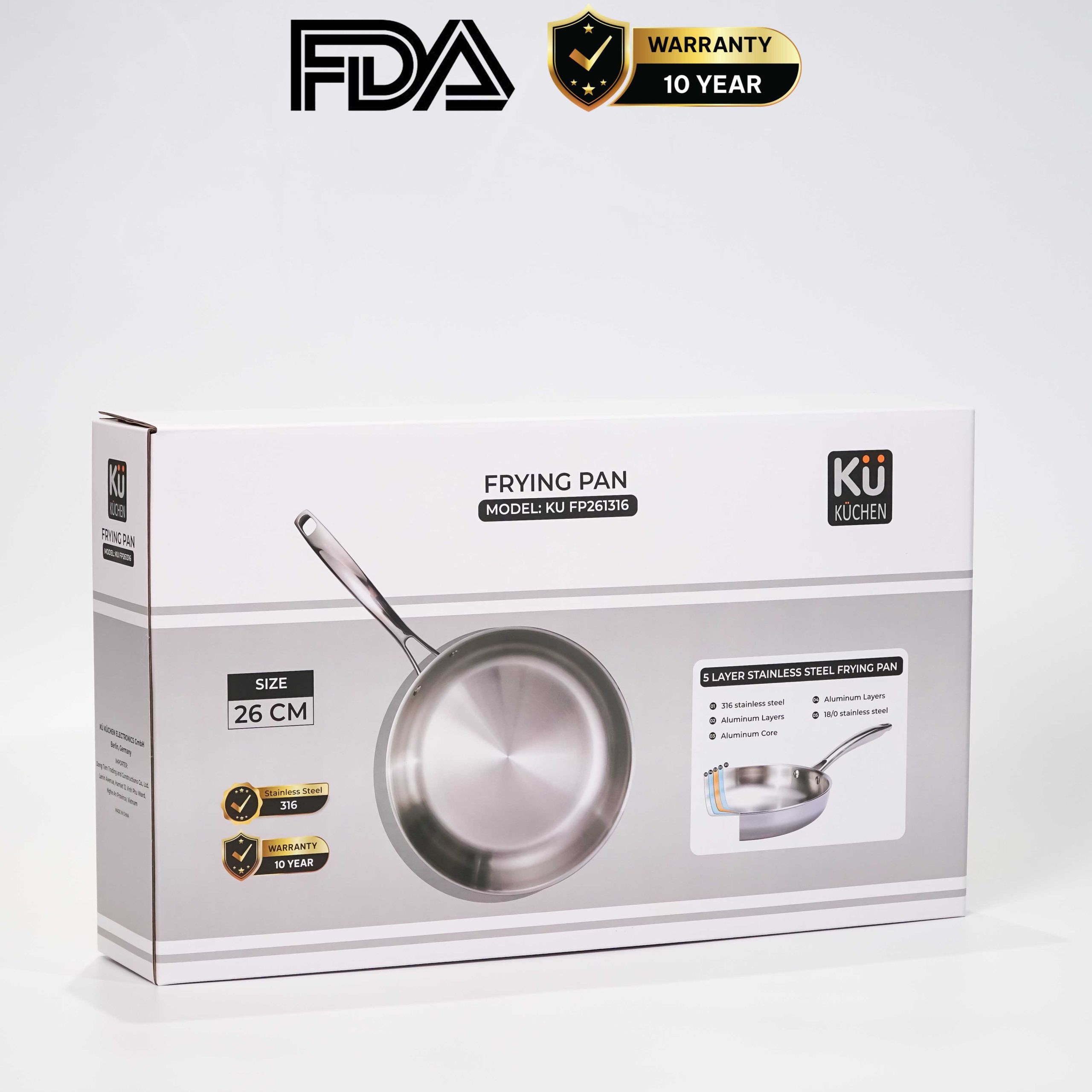 Chảo rán inox 316 26cm cao cấp KUCHEN KU FP261316