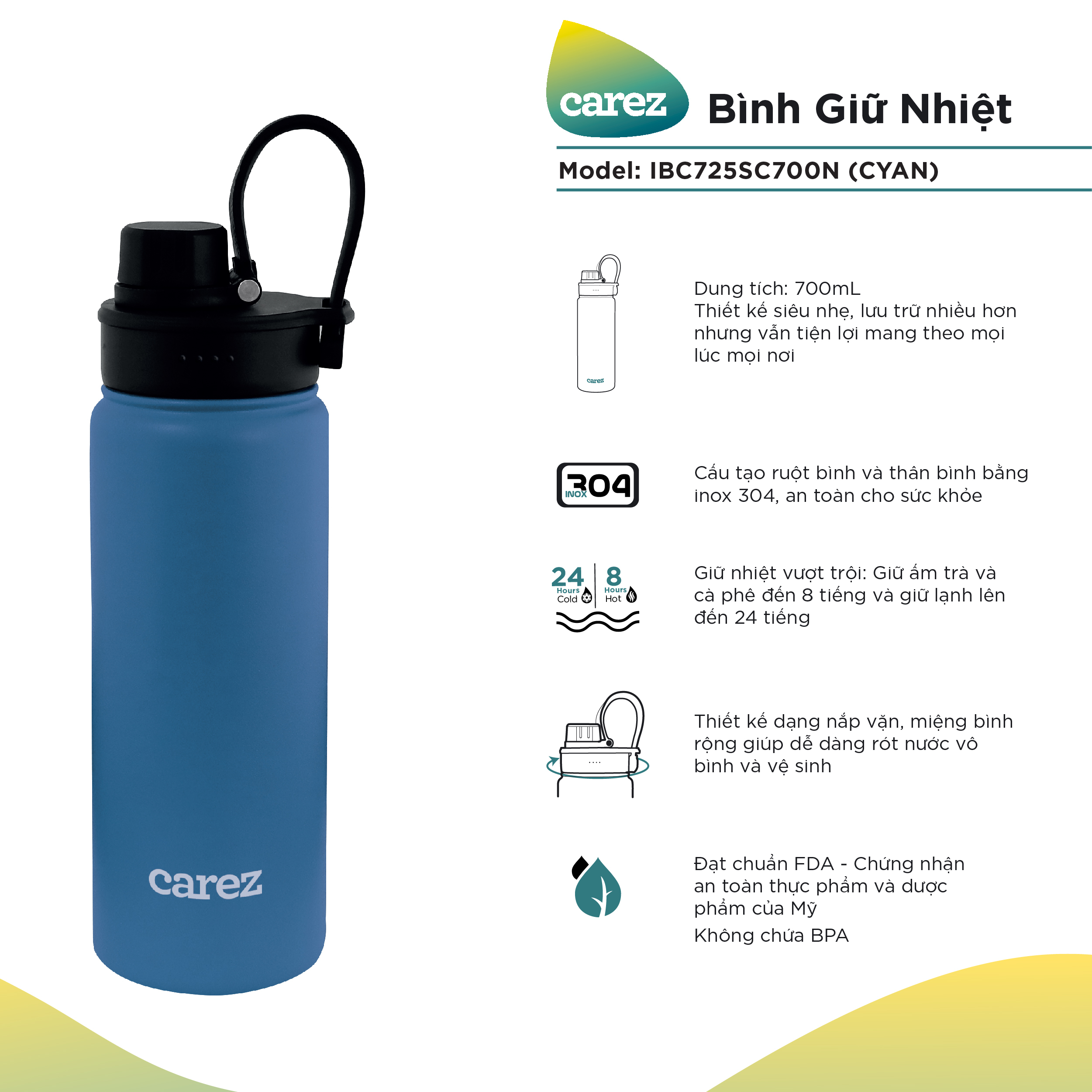 Bình giữ nhiệt CAREZ IBC725SC700N 700ml màu xanh dương