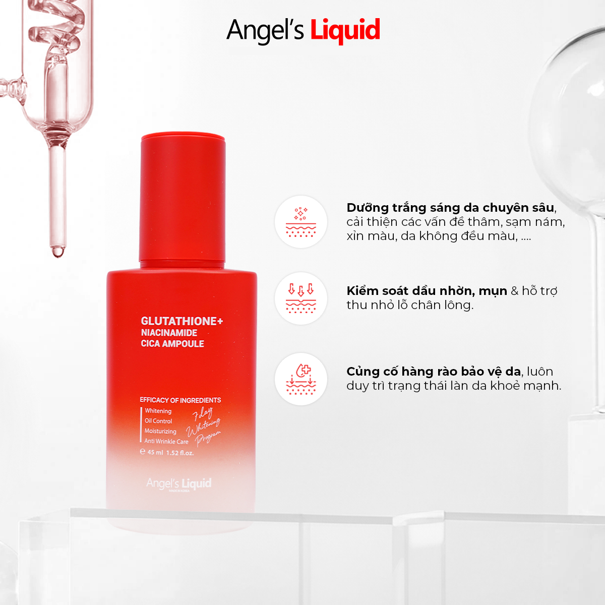 Serum ANGEL’S LIQUID GLUTATHIONE PLUS NIACINAMIDE CICA AMPOULE hỗ trợ làm trắng, kiểm soát dầu & thu nhỏ lỗ chân lông (chai 45ml)