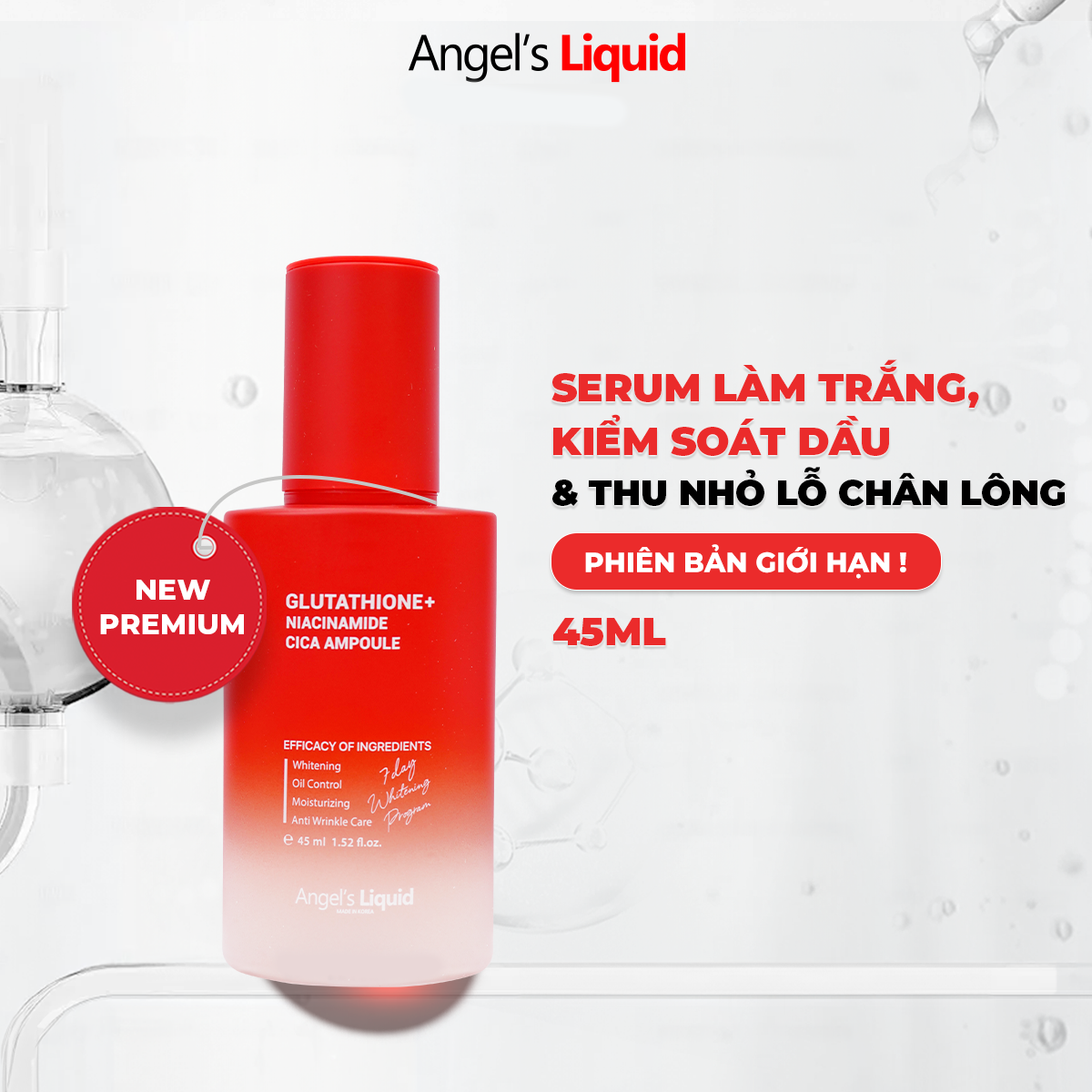 Serum ANGEL’S LIQUID GLUTATHIONE PLUS NIACINAMIDE CICA AMPOULE hỗ trợ làm trắng, kiểm soát dầu & thu nhỏ lỗ chân lông (chai 45ml)