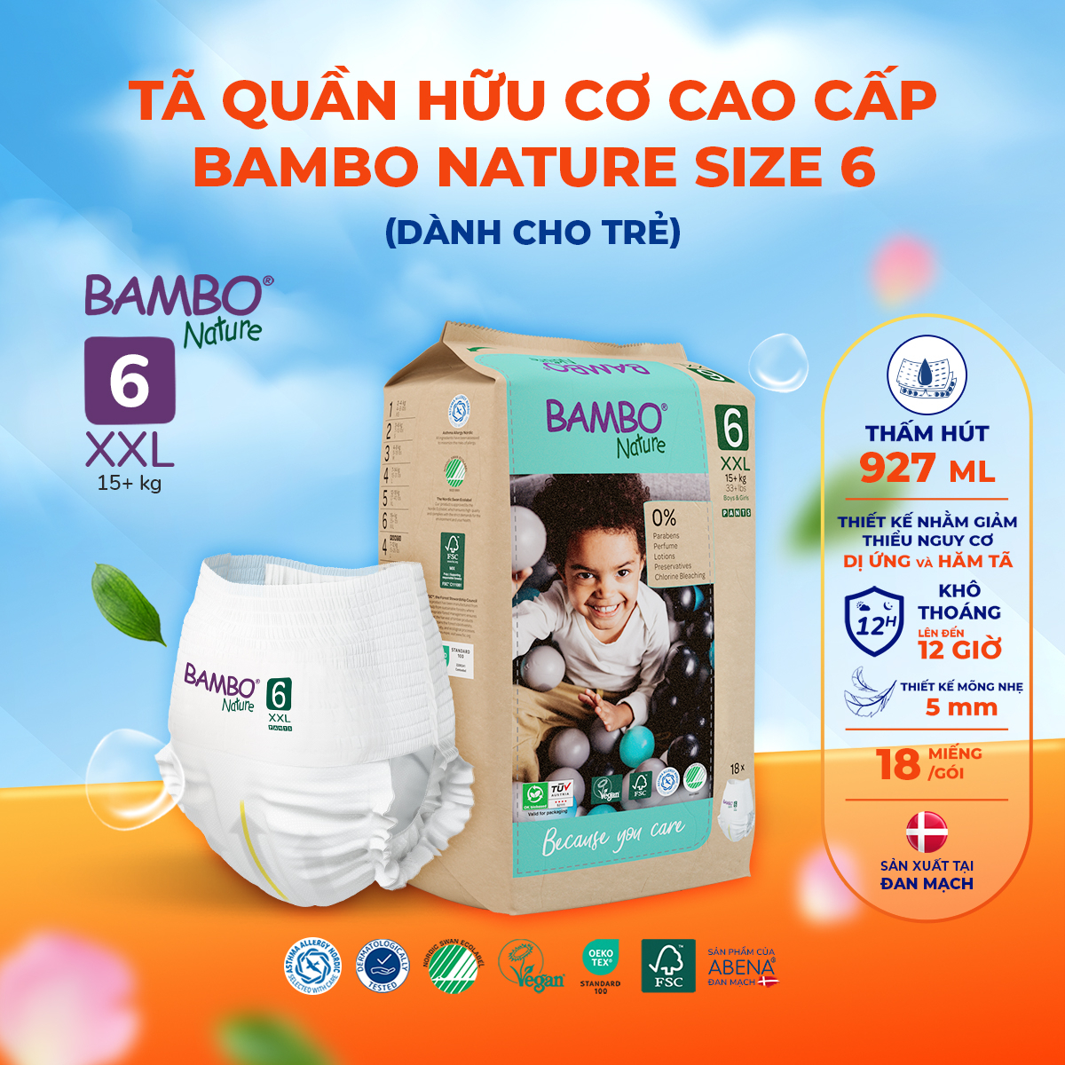 Tã Quần trẻ em số 6- Bambo Nature size 6, Từ 15kg +, 18miếng/gói