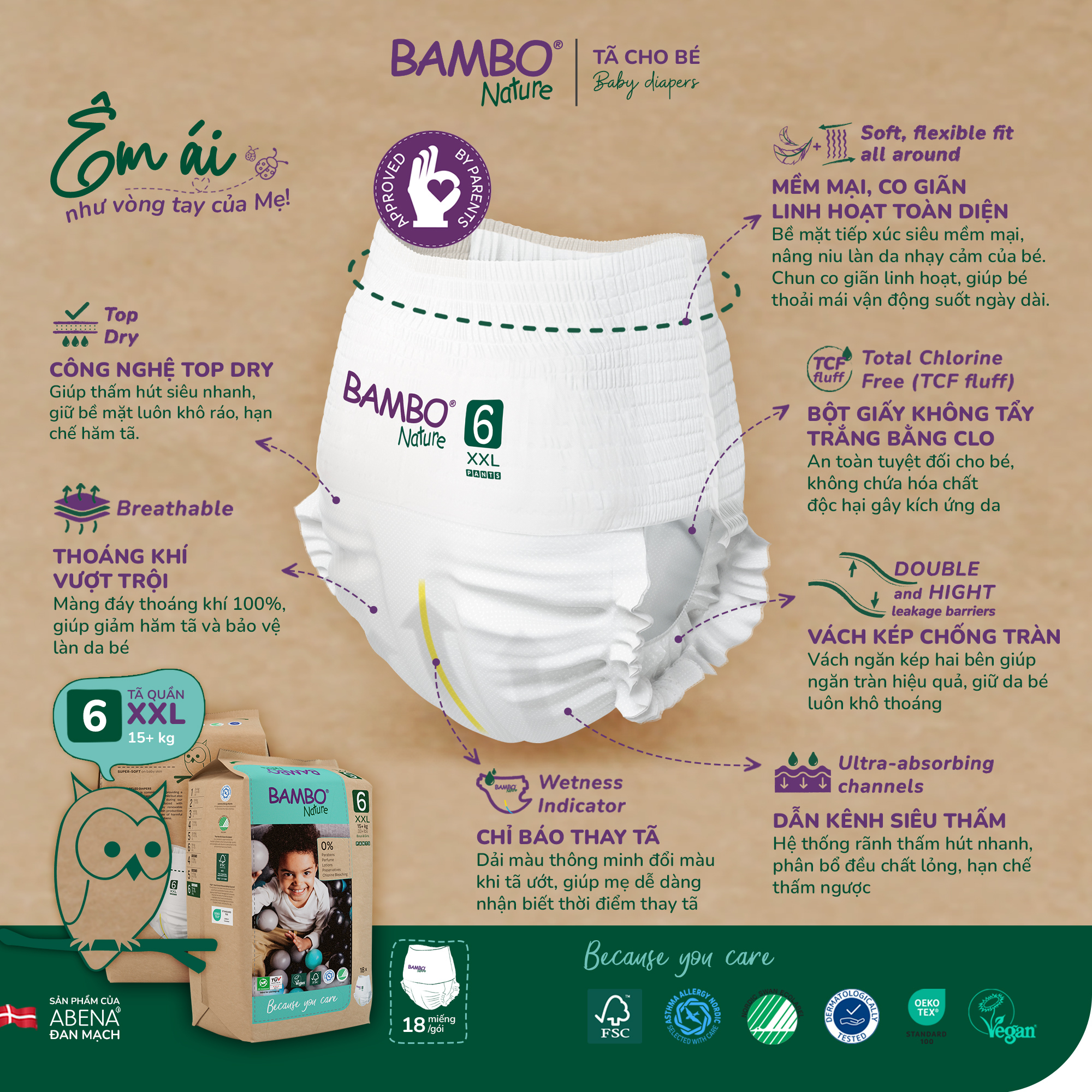 Tã Quần trẻ em số 6- Bambo Nature size 6, Từ 15kg +, 18miếng/gói