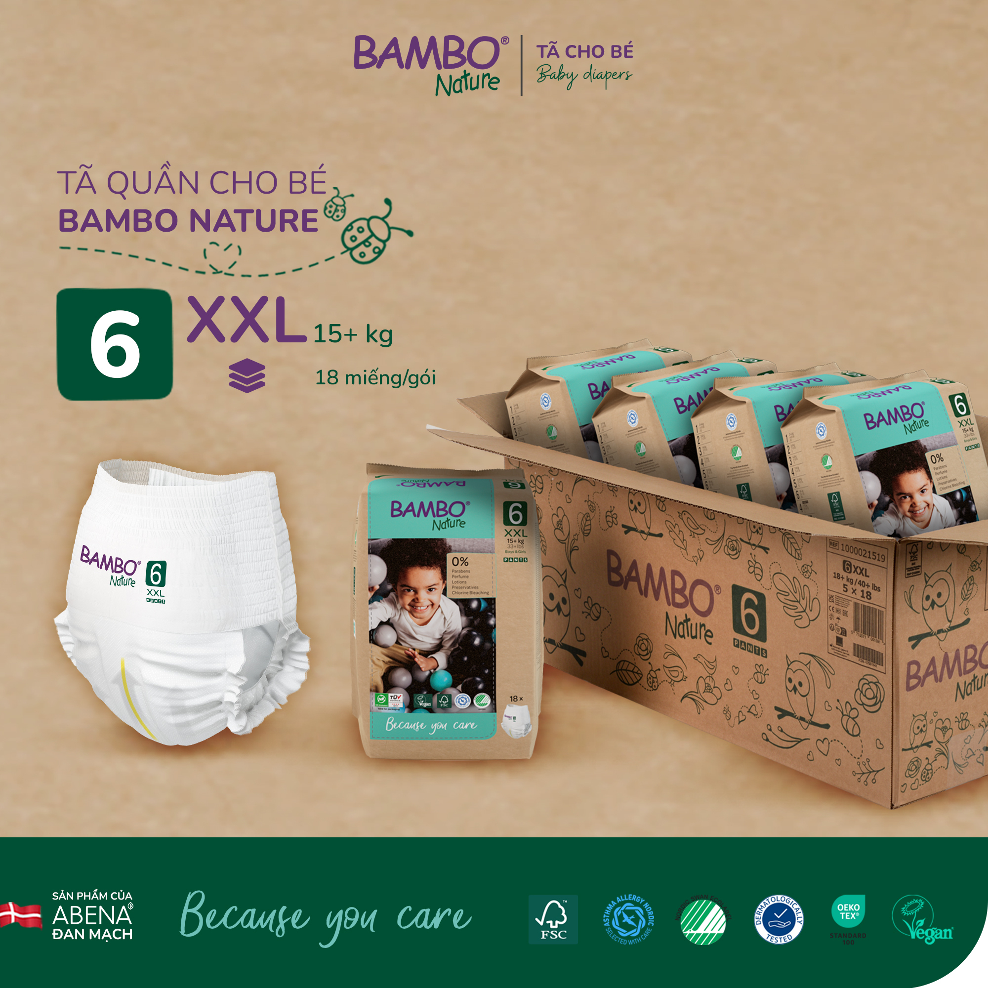 Tã Quần trẻ em số 6- Bambo Nature size 6, Từ 15kg +, 18miếng/gói
