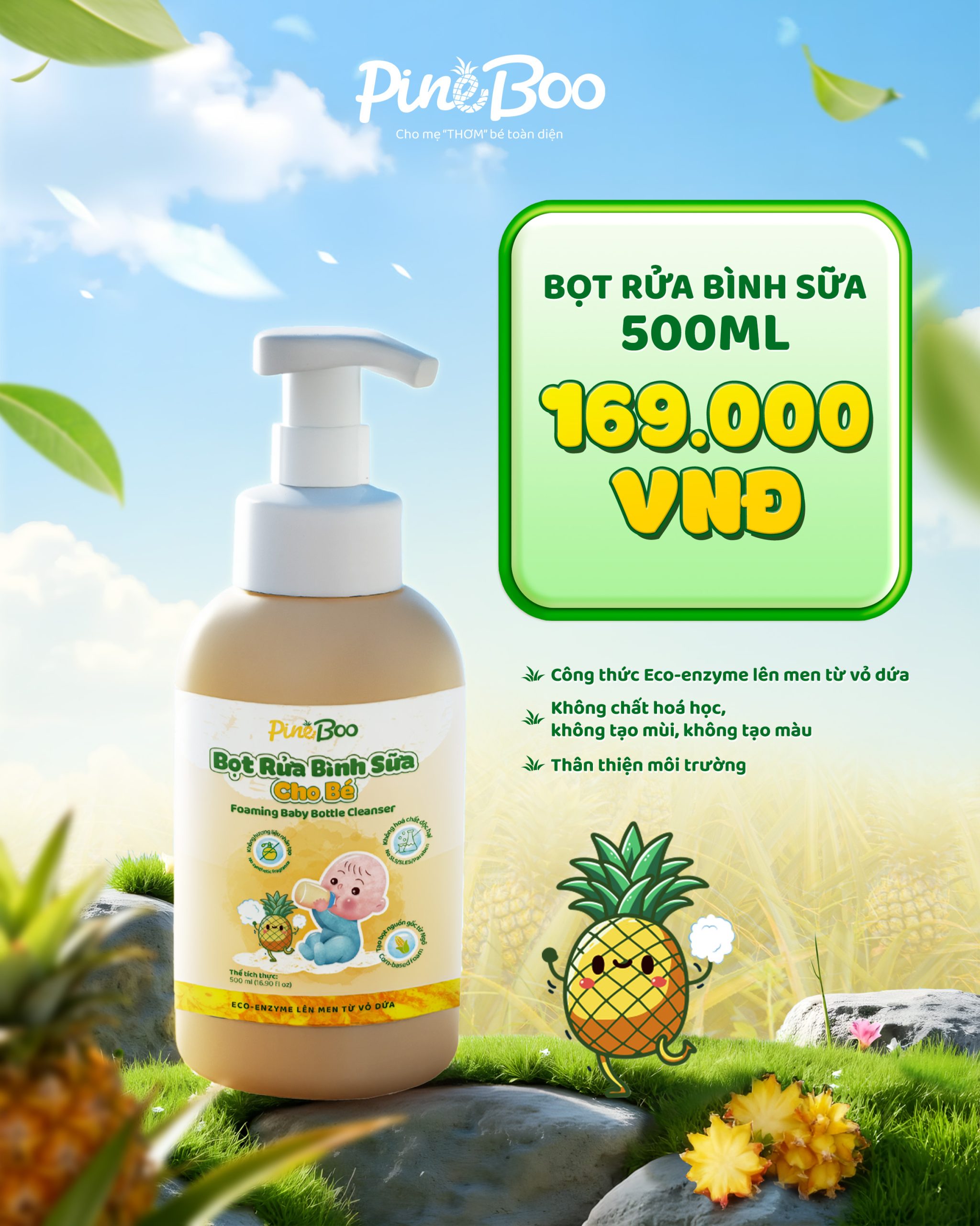 Rửa bình sữa PineBoo (Fuwa3e nâng cấp), ít nhớt hơn 4 lần 500ml
