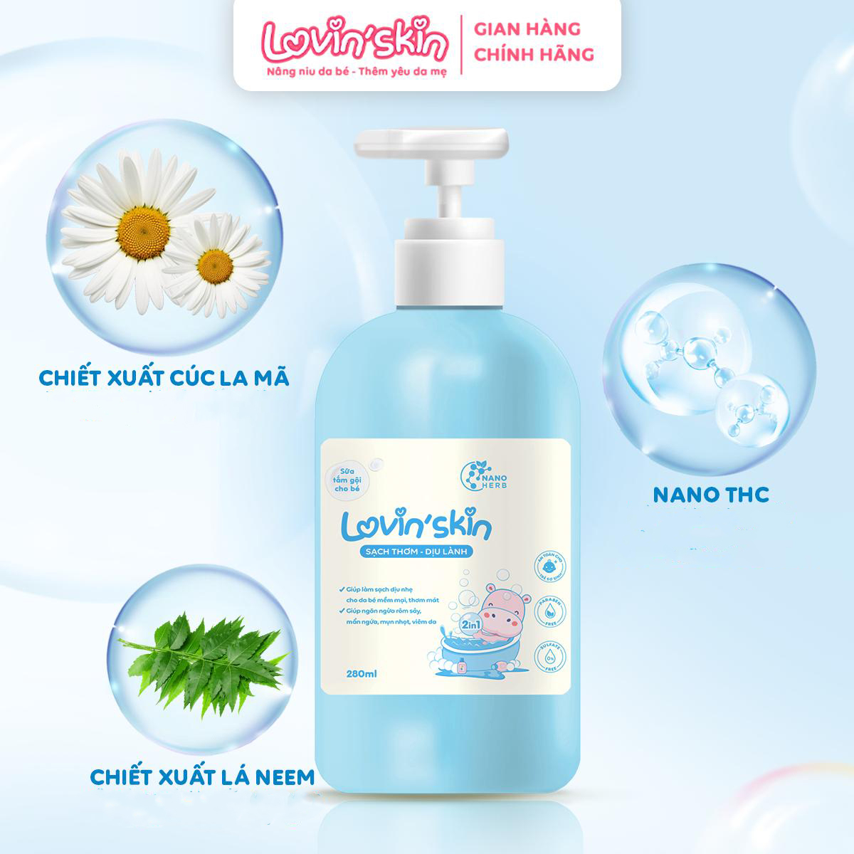 Sữa tắm gội dịu nhẹ cho bé Lovin’Skin 280ml – Làm sạch, giảm và ngăn ngừa rôm sảy, hăm da
