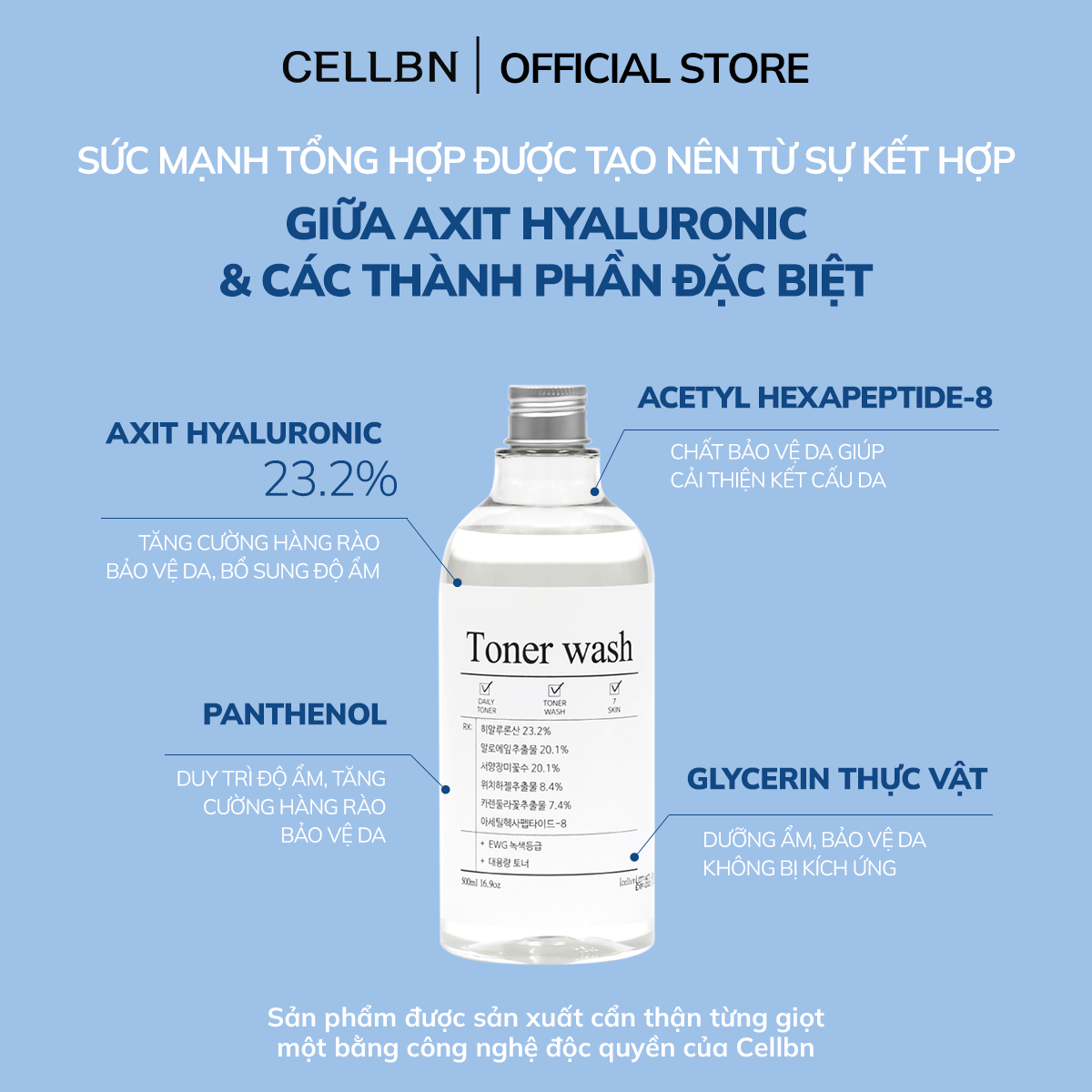 Toner Dưỡng Ẩm Hyaluronic Acid CELLBN Cấp độ ẩm sâu, tăng đàn hồi, giảm sự nếp nhăn và mềm da 500ml