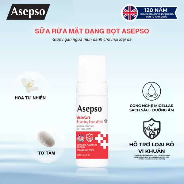 Sữa rửa mặt dạng bọt ASEPSO dành cho da mụn chiết xuất tơ tằm và hương hoa tự nhiên